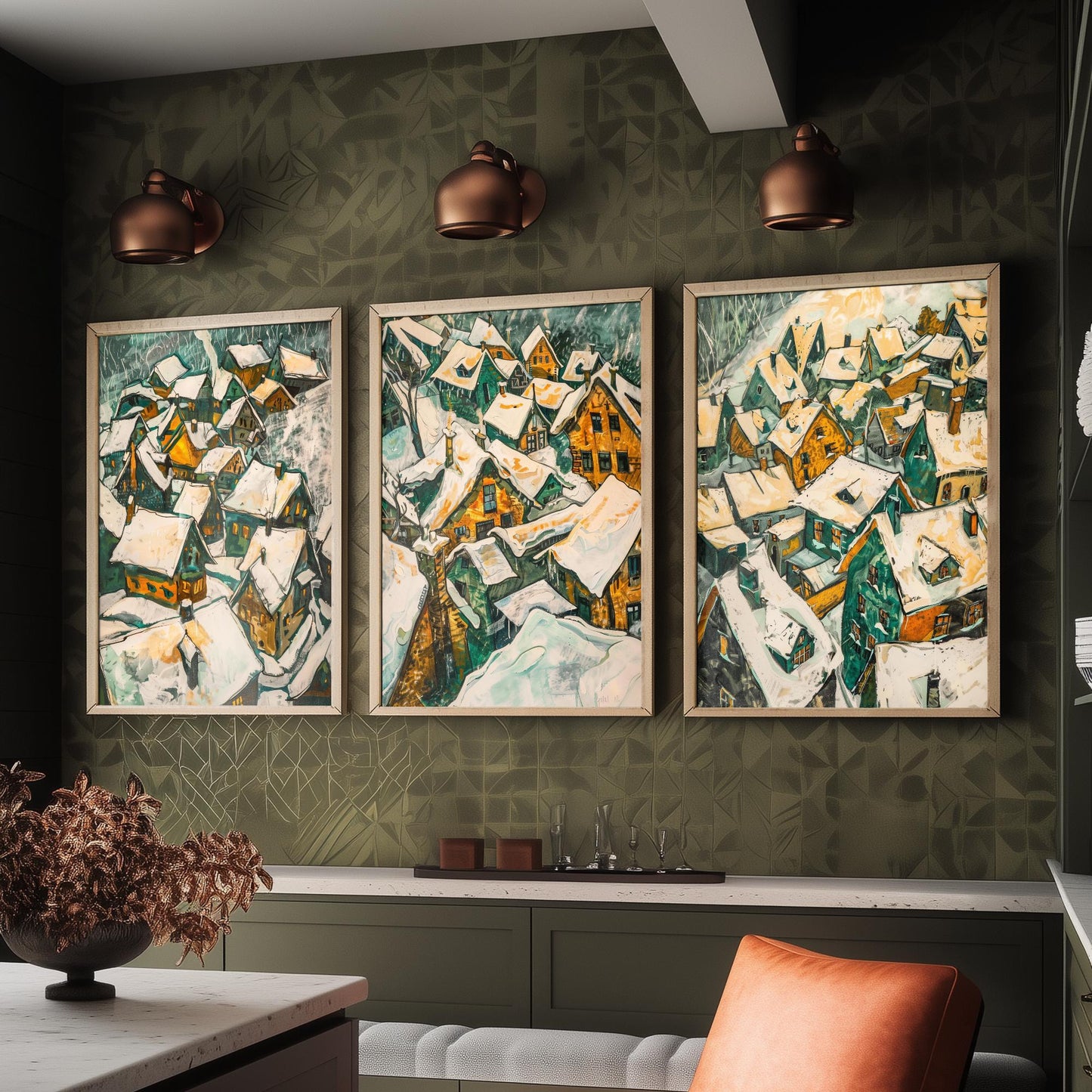 Yellow Snow Village Rooftops Set of Three Art Prints | Expressionist Painting Poster