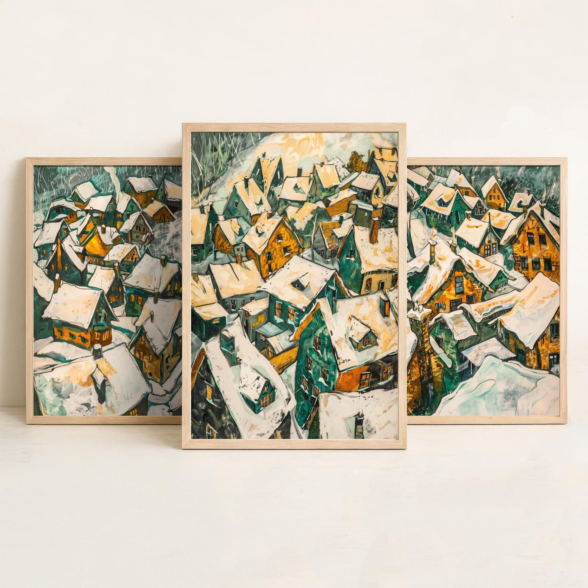 Yellow Snow Village Rooftops Set of Three Art Prints | Expressionist Painting Poster