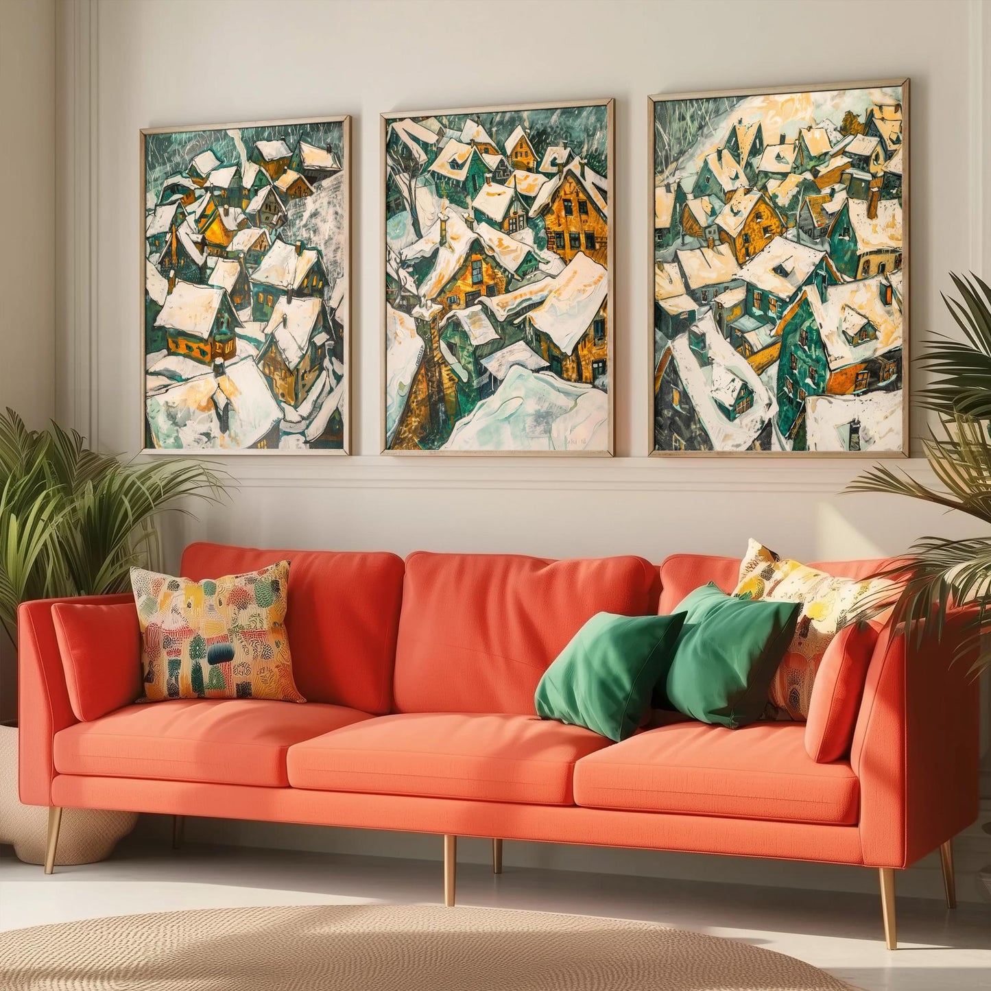Yellow Snow Village Rooftops Set of Three Art Prints | Expressionist Painting Poster