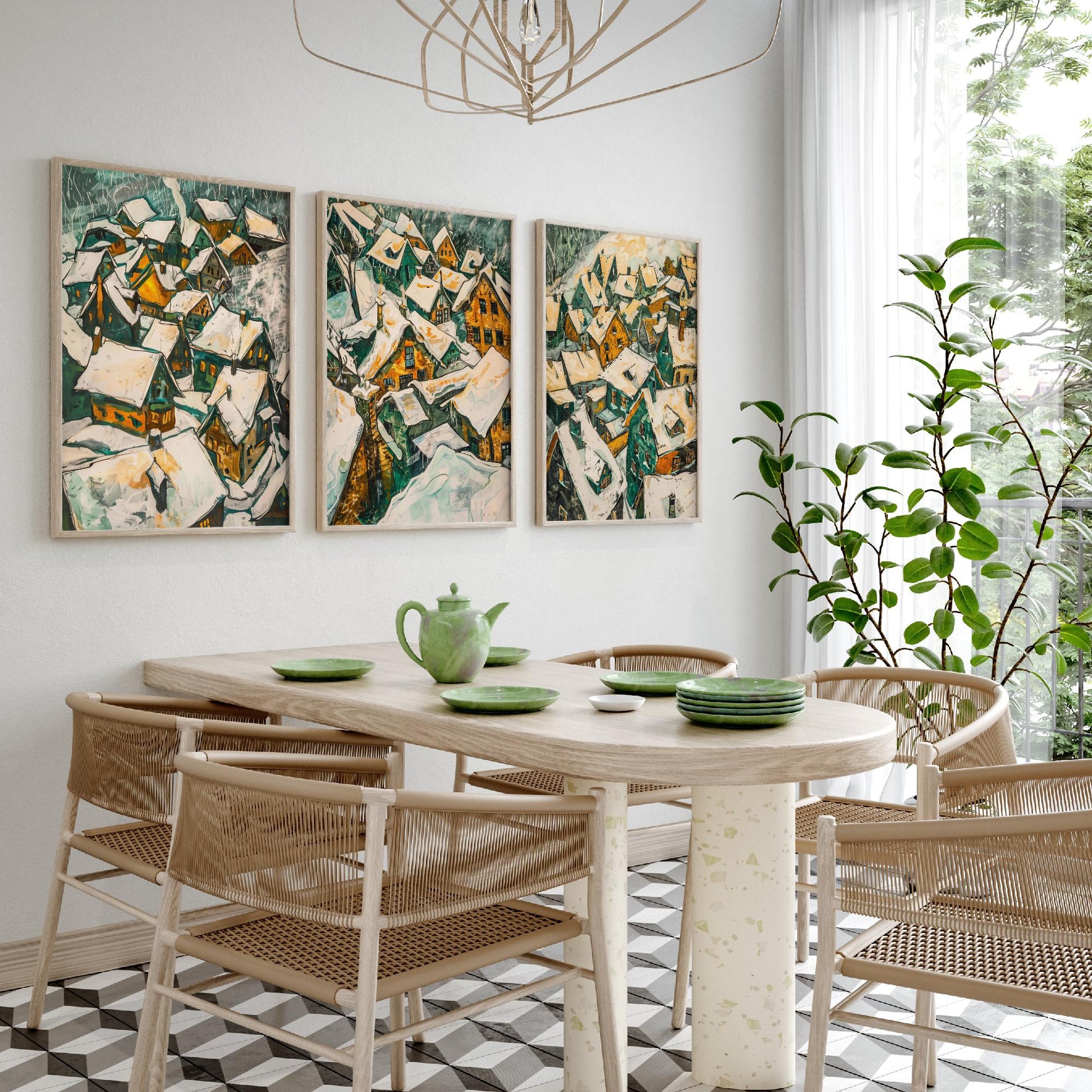 Yellow Snow Village Rooftops Set of Three Art Prints | Expressionist Painting Poster