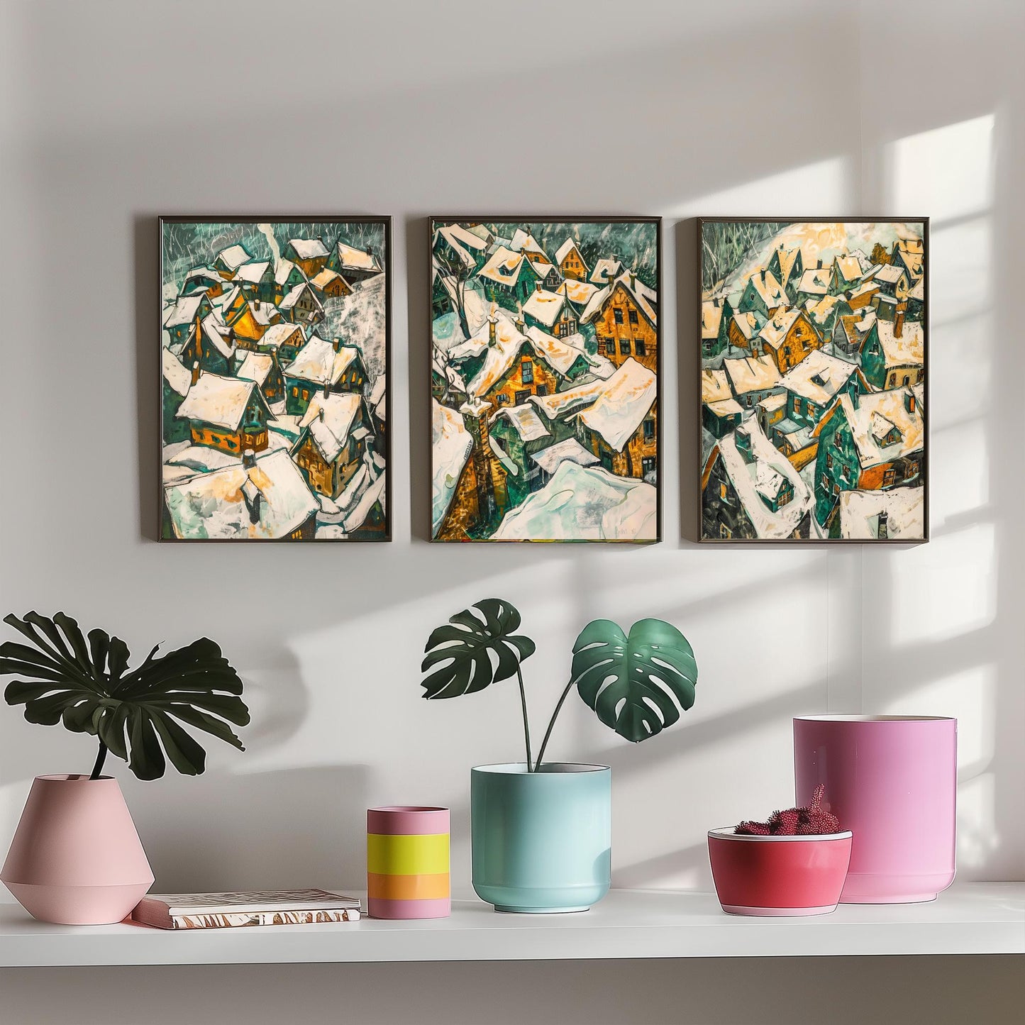 Yellow Snow Village Rooftops Set of Three Art Prints | Expressionist Painting Poster