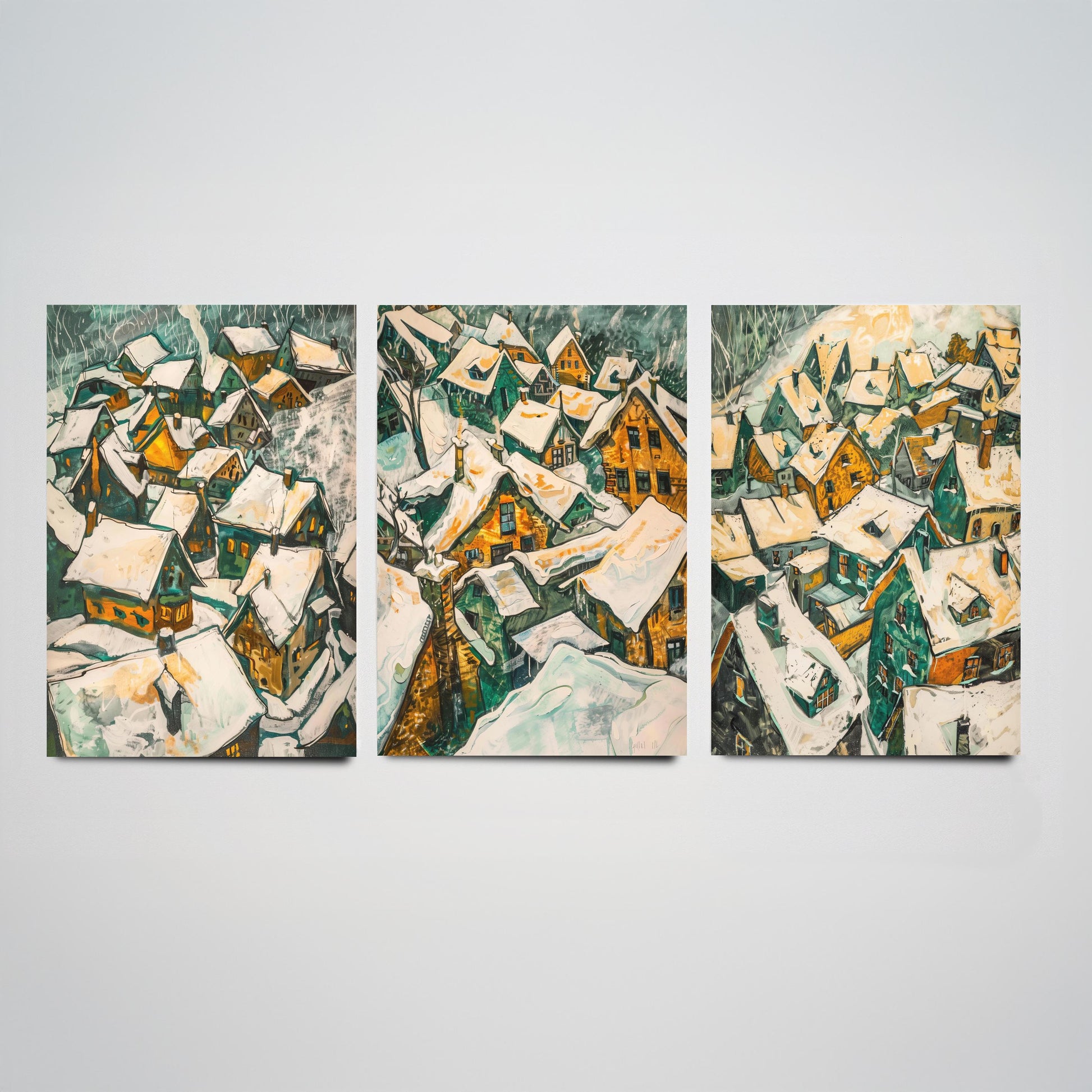 Yellow Snow Village Rooftops Set of Three Art Prints | Expressionist Painting Poster
