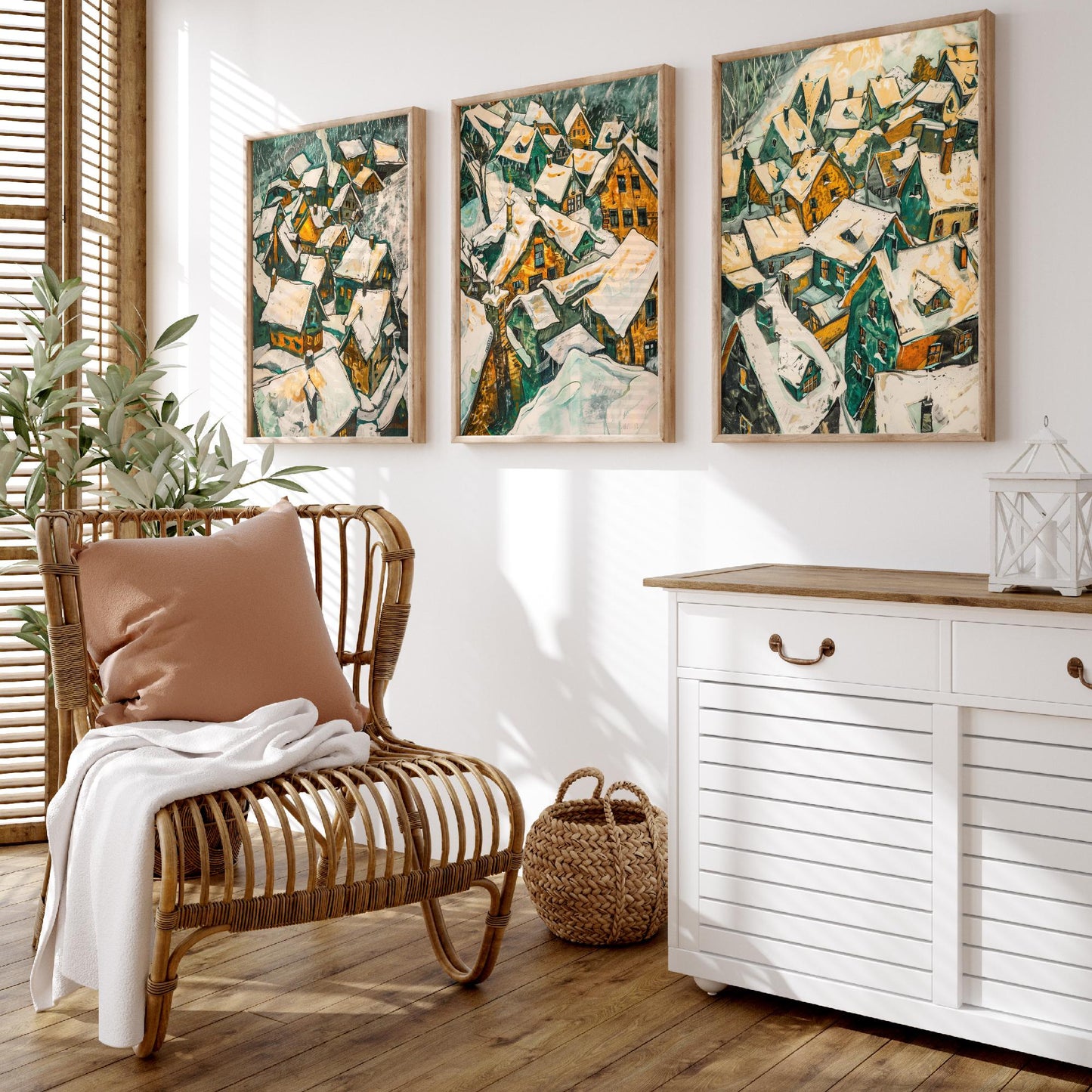 Yellow Snow Village Rooftops Set of Three Art Prints | Expressionist Painting Poster