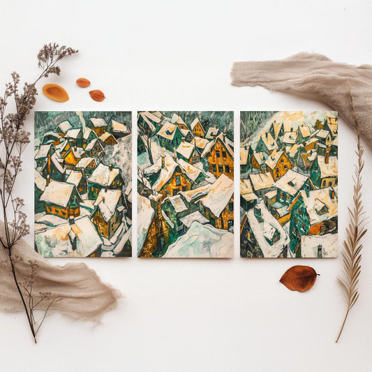 Yellow Snow Village Rooftops Set of Three Art Prints | Expressionist Painting Poster