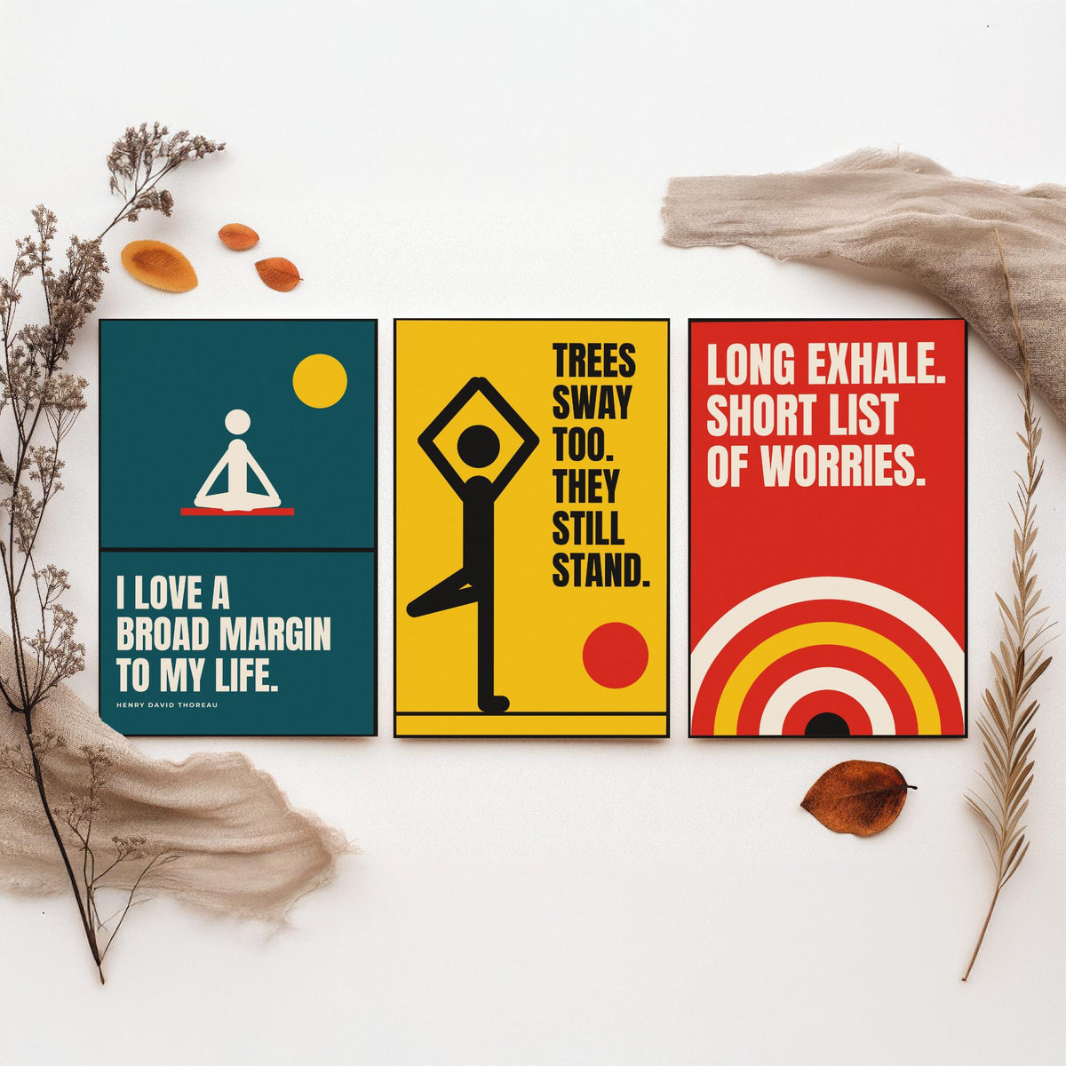Yoga Quotes Set of Three Art Prints - 3 Bauhaus Meditation Posters - Minimalist Wellness Wall Art Illustration V1