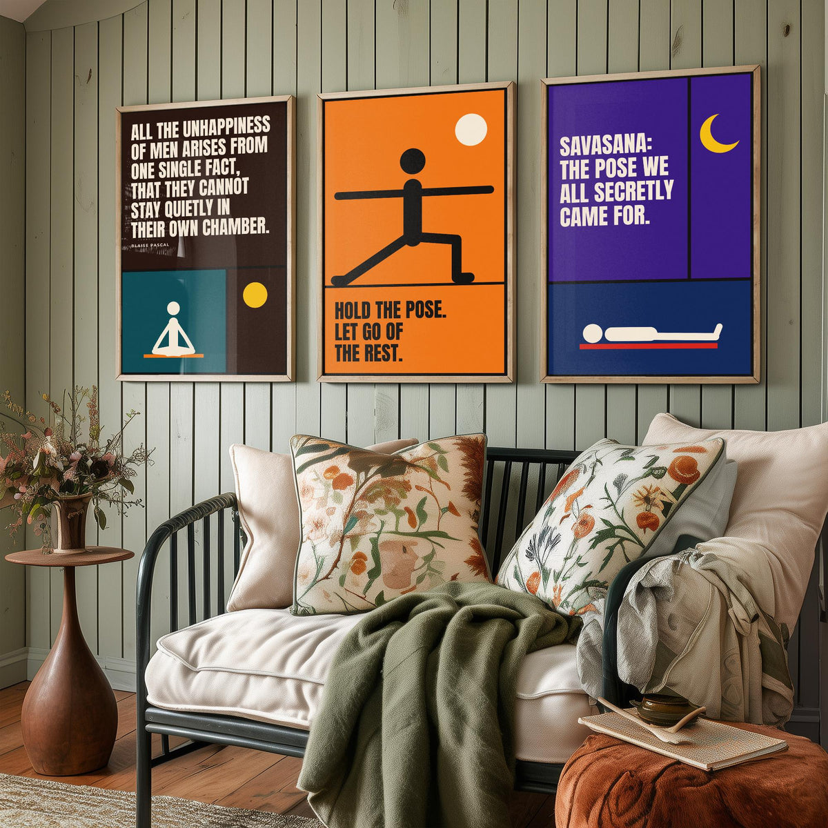 Yoga Quotes Set of Three Art Prints - 3 Retro Bauhaus Meditation Posters - Minimalist Wellness Wall Art Illustration V2