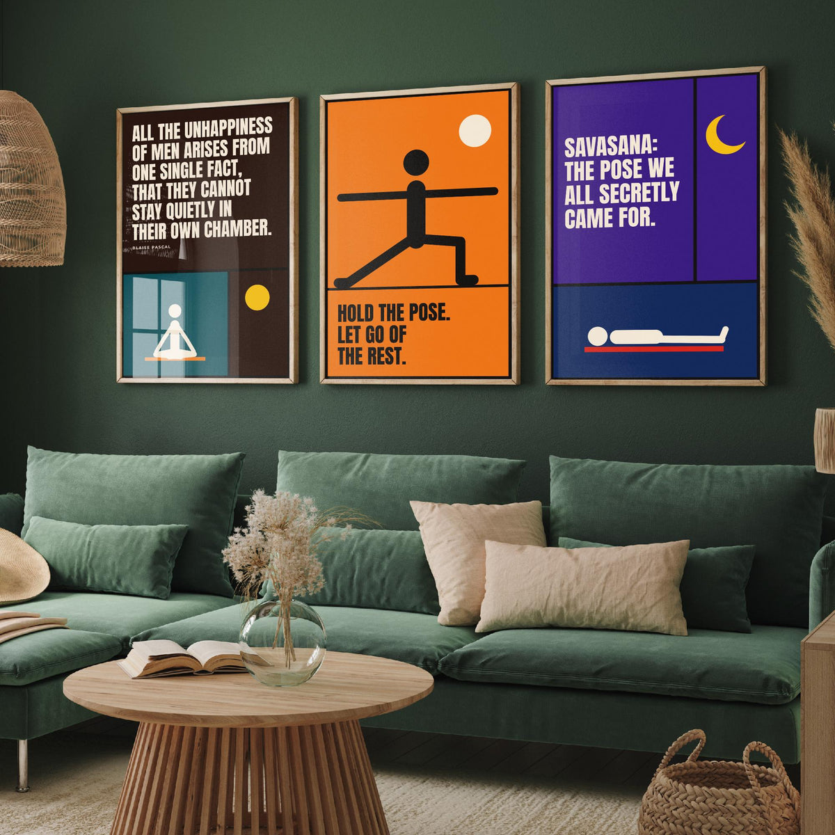 Yoga Quotes Set of Three Art Prints - 3 Retro Bauhaus Meditation Posters - Minimalist Wellness Wall Art Illustration V2