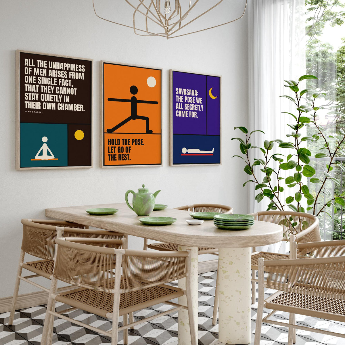 Yoga Quotes Set of Three Art Prints - 3 Retro Bauhaus Meditation Posters - Minimalist Wellness Wall Art Illustration V2