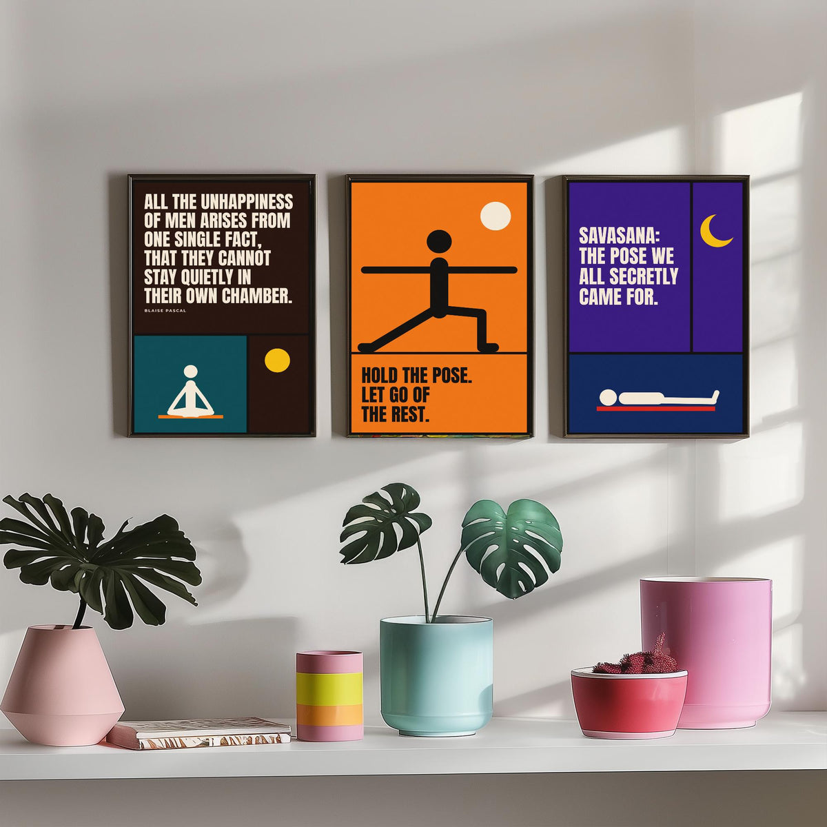 Yoga Quotes Set of Three Art Prints - 3 Retro Bauhaus Meditation Posters - Minimalist Wellness Wall Art Illustration V2