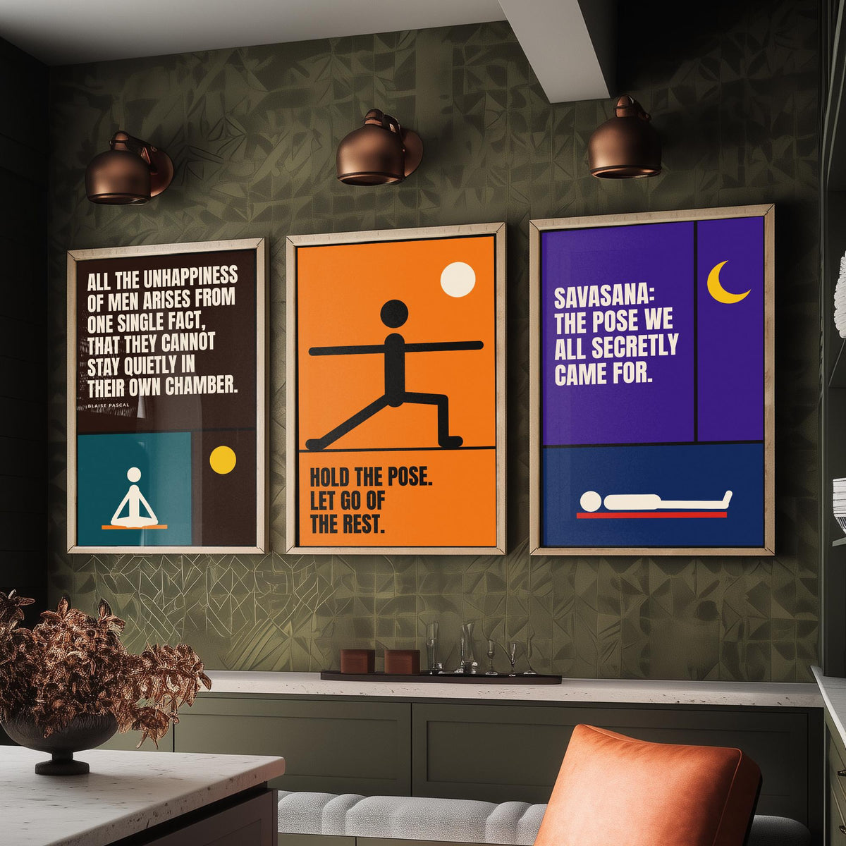 Yoga Quotes Set of Three Art Prints - 3 Retro Bauhaus Meditation Posters - Minimalist Wellness Wall Art Illustration V2