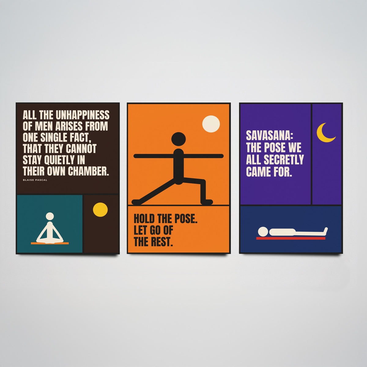 Yoga Quotes Set of Three Art Prints - 3 Retro Bauhaus Meditation Posters - Minimalist Wellness Wall Art Illustration V2