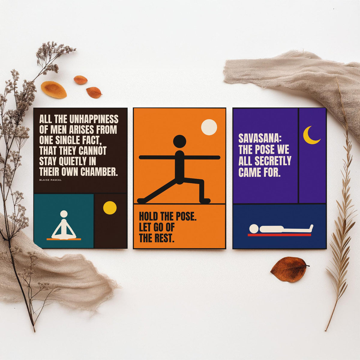 Yoga Quotes Set of Three Art Prints - 3 Retro Bauhaus Meditation Posters - Minimalist Wellness Wall Art Illustration V2