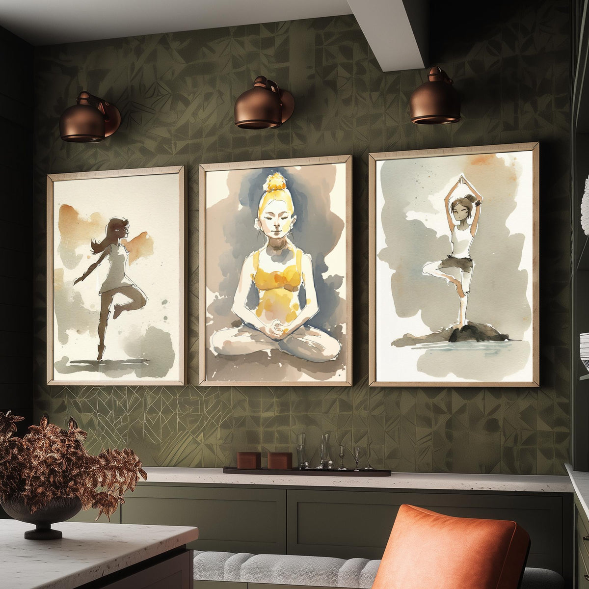 Yoga Poses Watercolour Set of Three Art Prints - Dancer Balance, Lotus Meditation, Tree Pose by the Water - Simple Zen Poster