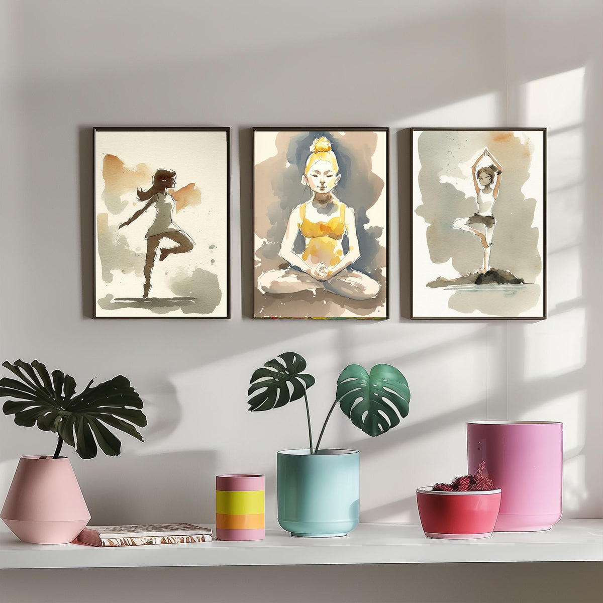 Yoga Poses Watercolour Set of Three Art Prints - Dancer Balance, Lotus Meditation, Tree Pose by the Water - Simple Zen Poster
