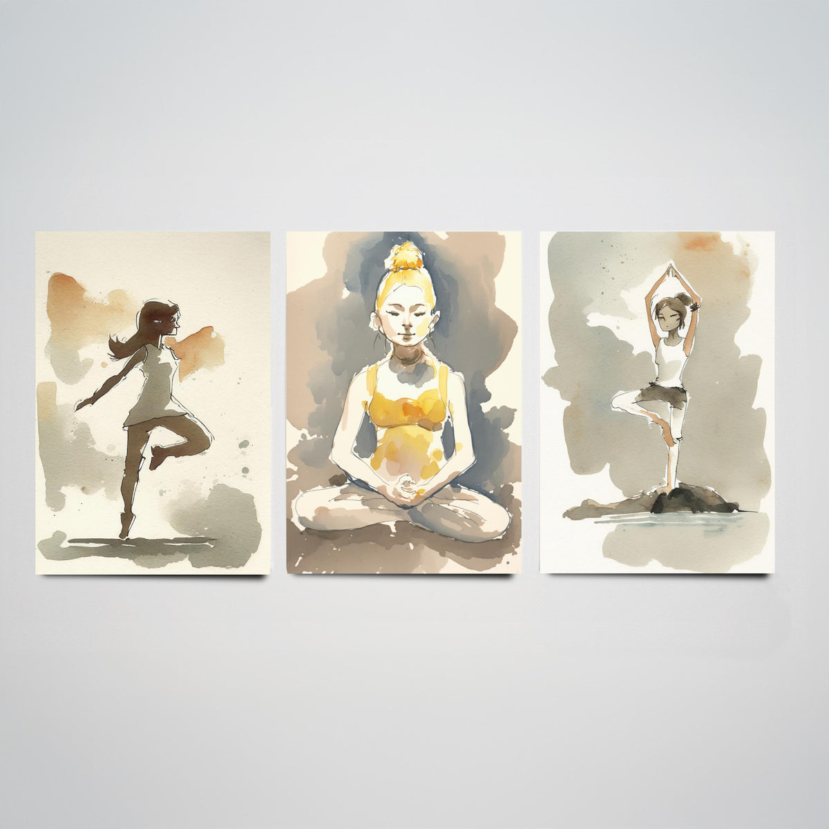 Yoga Poses Watercolour Set of Three Art Prints - Dancer Balance, Lotus Meditation, Tree Pose by the Water - Simple Zen Poster