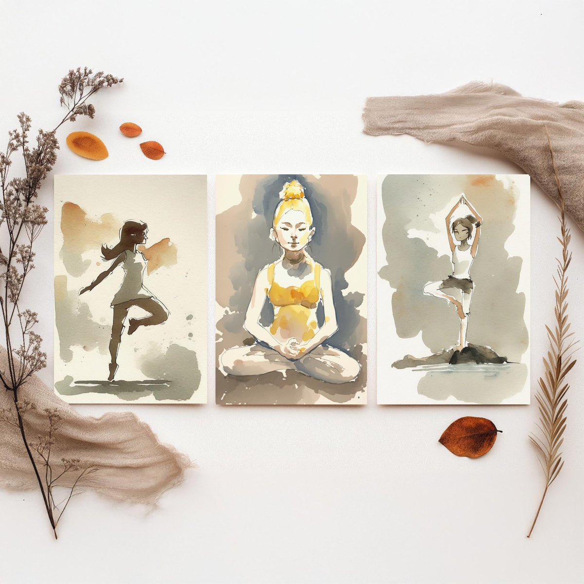 Yoga Poses Watercolour Set of Three Art Prints - Dancer Balance, Lotus Meditation, Tree Pose by the Water - Simple Zen Poster