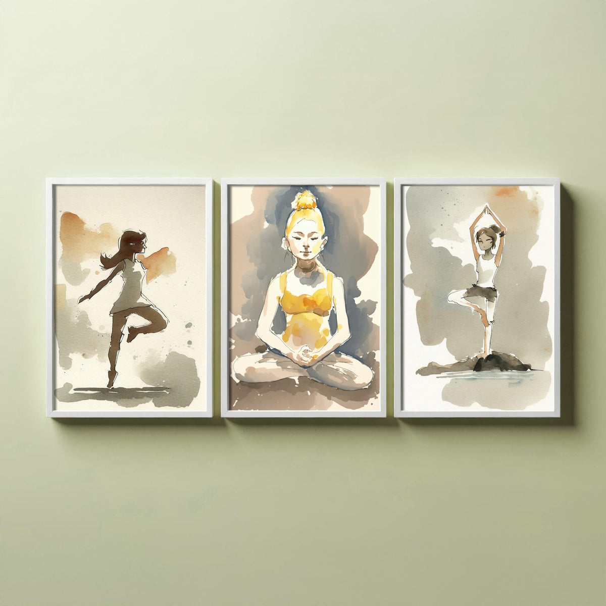 Yoga Poses Watercolour Set of Three Art Prints - Dancer Balance, Lotus Meditation, Tree Pose by the Water - Simple Zen Poster