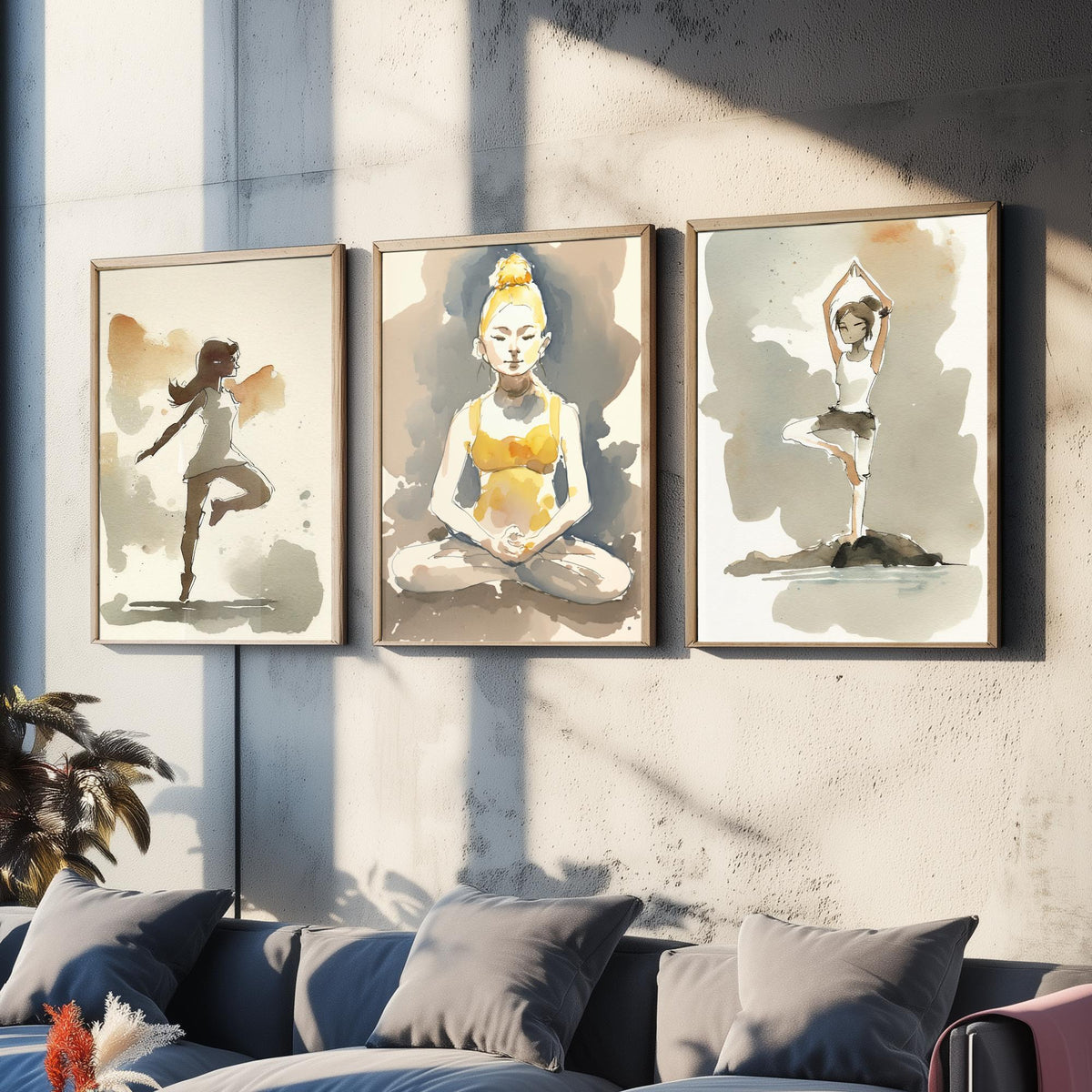 Yoga Poses Watercolour Set of Three Art Prints - Dancer Balance, Lotus Meditation, Tree Pose by the Water - Simple Zen Poster