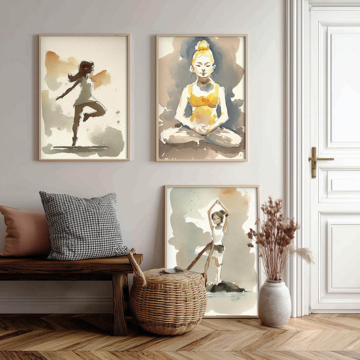 Yoga Poses Watercolour Set of Three Art Prints - Dancer Balance, Lotus Meditation, Tree Pose by the Water - Simple Zen Poster