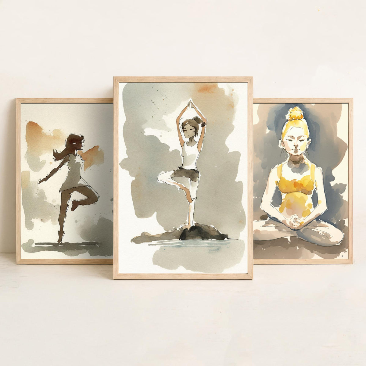 Yoga Poses Watercolour Set of Three Art Prints - Dancer Balance, Lotus Meditation, Tree Pose by the Water - Simple Zen Poster