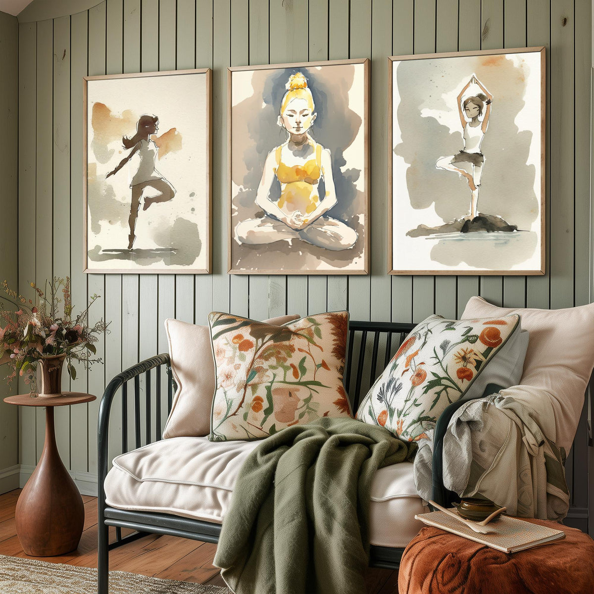 Yoga Poses Watercolour Set of Three Art Prints - Dancer Balance, Lotus Meditation, Tree Pose by the Water - Simple Zen Poster