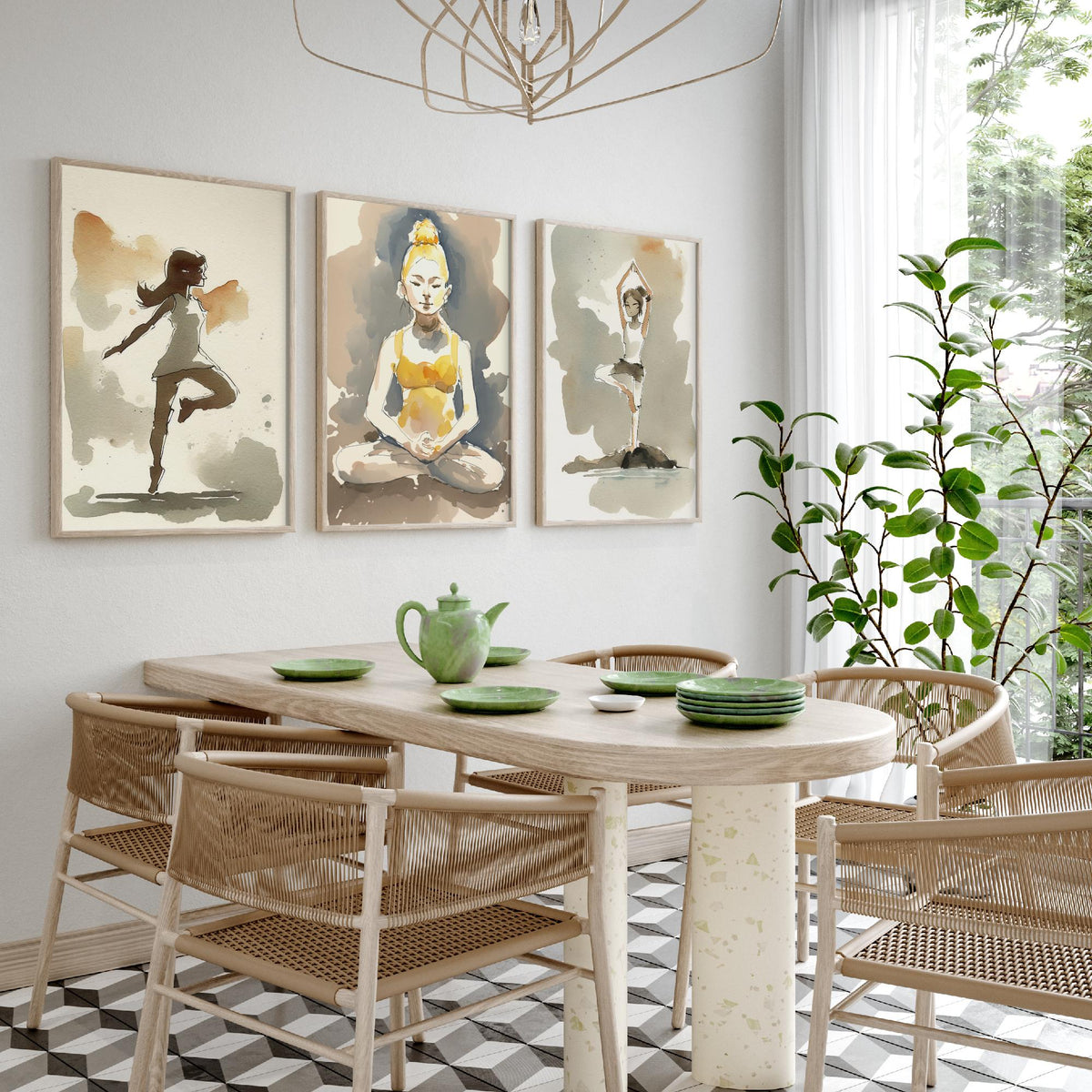 Yoga Poses Watercolour Set of Three Art Prints - Dancer Balance, Lotus Meditation, Tree Pose by the Water - Simple Zen Poster