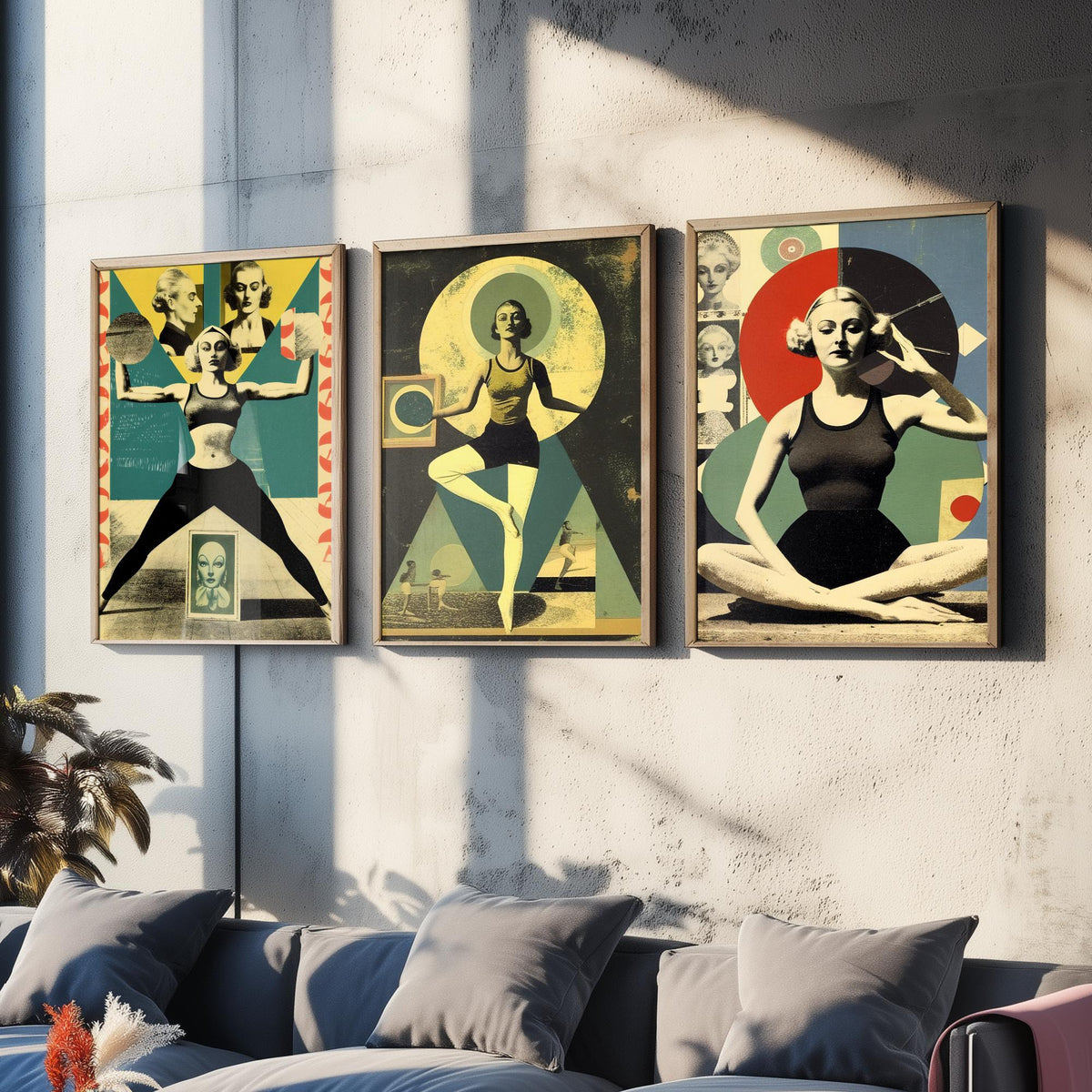 Vintage Yoga Collage Set of Three Art Prints - Surreal 1930s Fitness Women Poster - Retro Dada Illustration