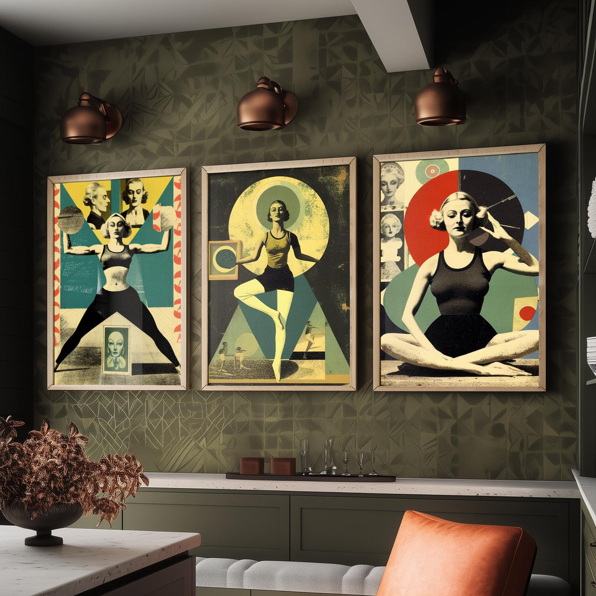Vintage Yoga Collage Set of Three Art Prints - Surreal 1930s Fitness Women Poster - Retro Dada Illustration
