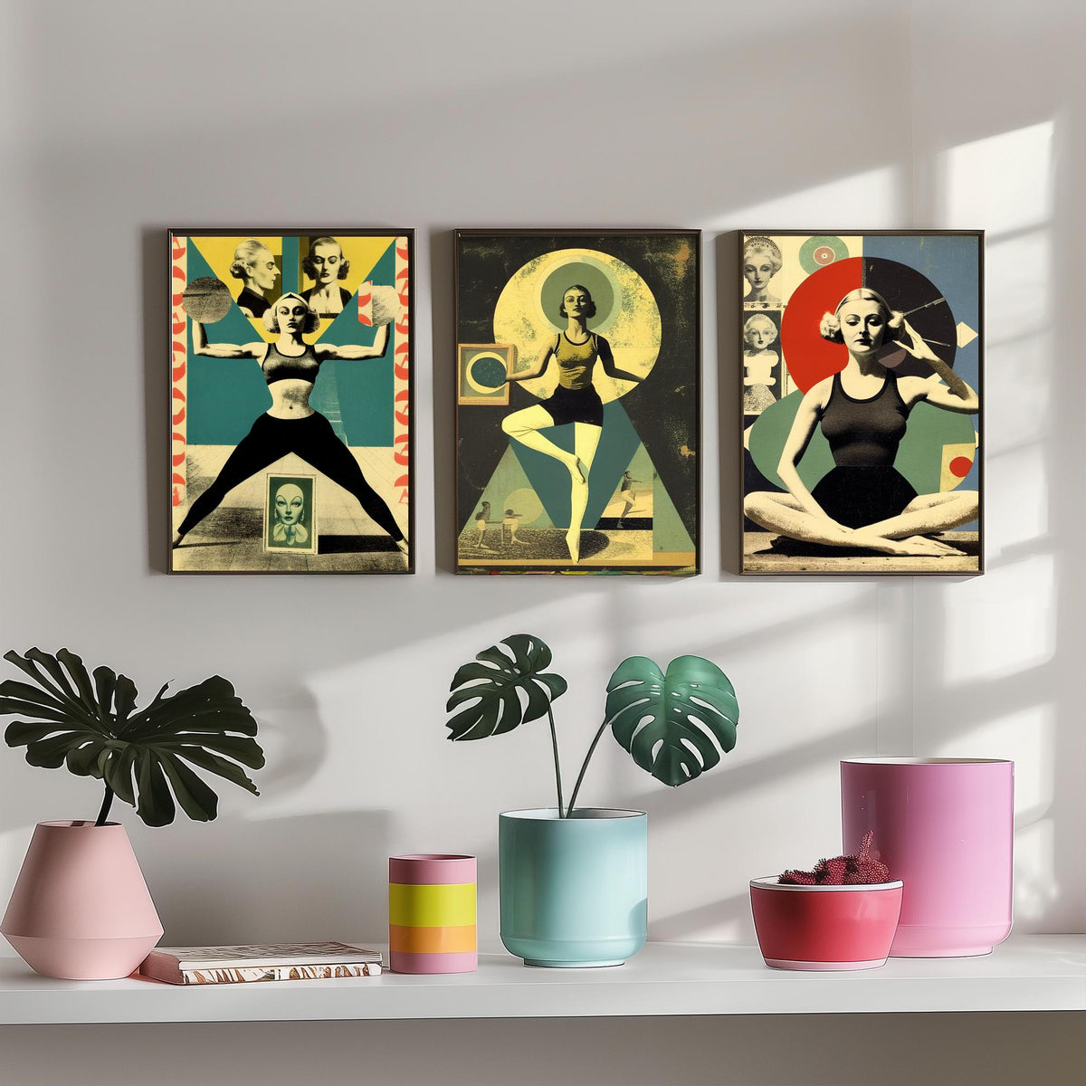 Vintage Yoga Collage Set of Three Art Prints - Surreal 1930s Fitness Women Poster - Retro Dada Illustration