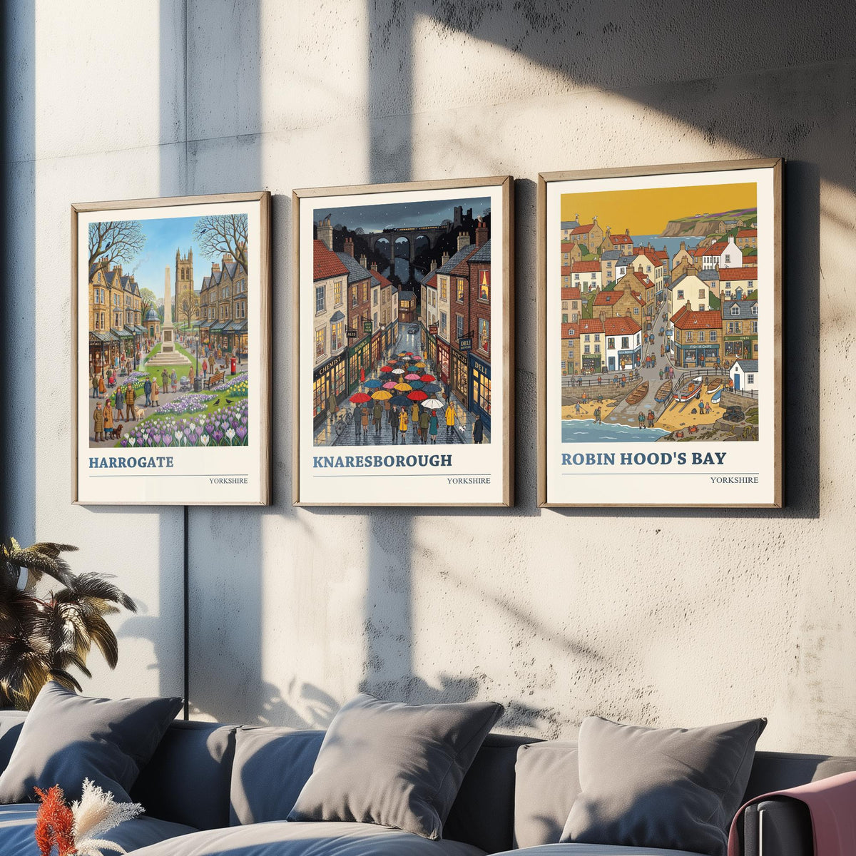 Yorkshire Set of Three Art Prints - Harrogate, Knaresborough, Robin Hood's Bay - 3 Folk Illustration Travel Posters - Yorkshire Painting