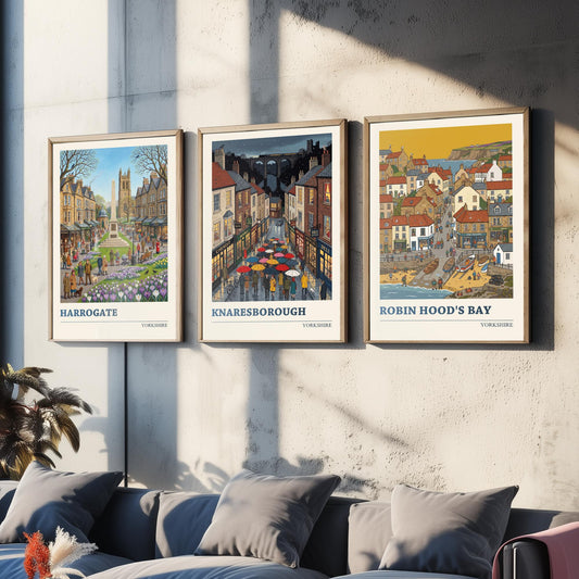 Yorkshire Set of Three Art Prints - Harrogate, Knaresborough, Robin Hood's Bay - 3 Folk Illustration Travel Posters - Yorkshire Painting