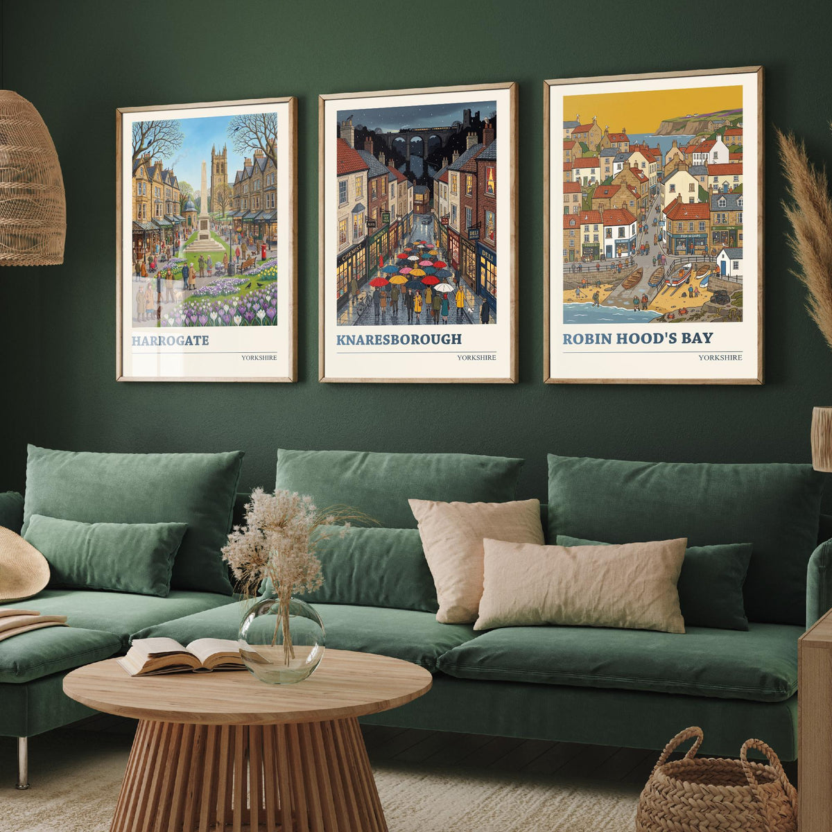 Yorkshire Set of Three Art Prints - Harrogate, Knaresborough, Robin Hood's Bay - 3 Folk Illustration Travel Posters - Yorkshire Painting