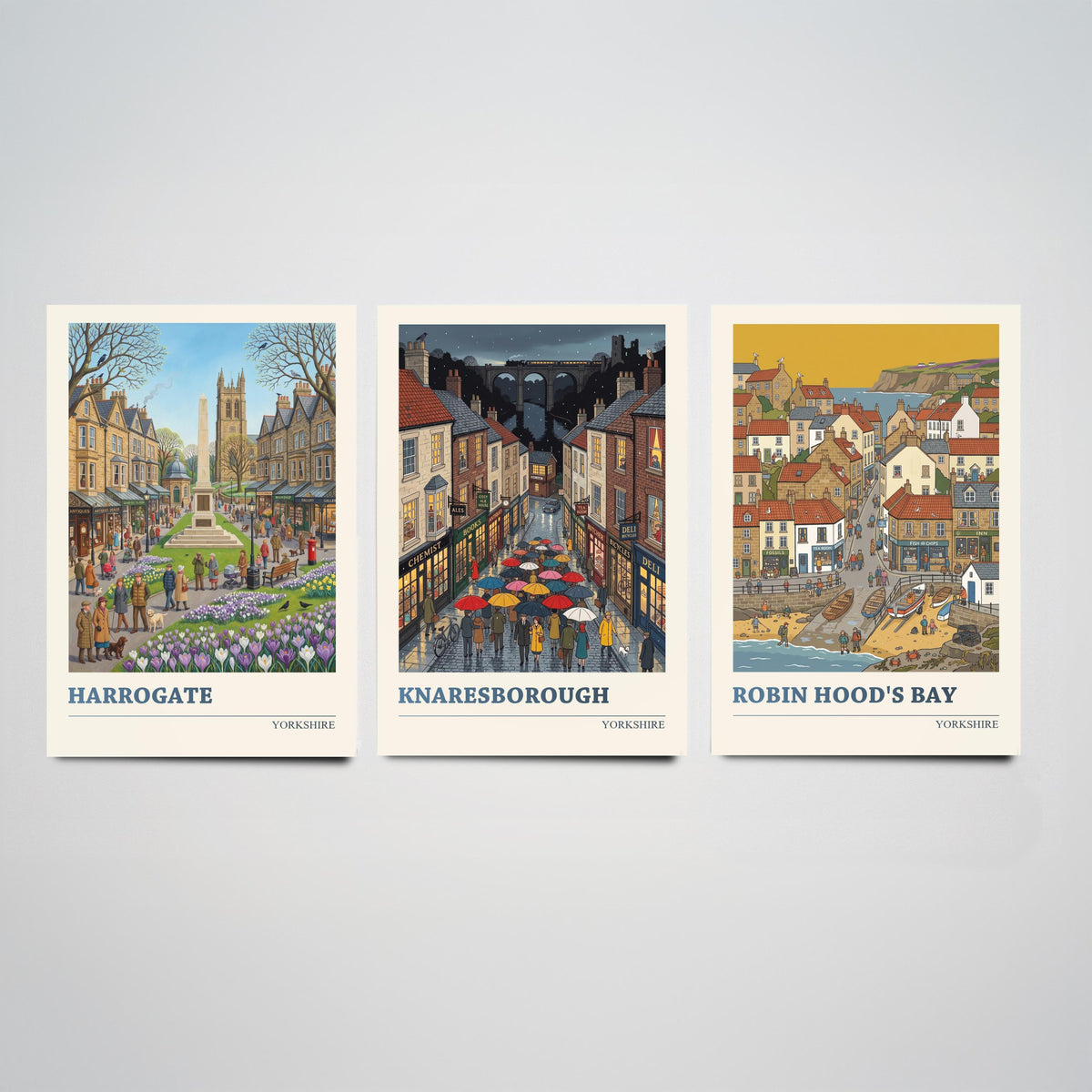 Yorkshire Set of Three Art Prints - Harrogate, Knaresborough, Robin Hood's Bay - 3 Folk Illustration Travel Posters - Yorkshire Painting