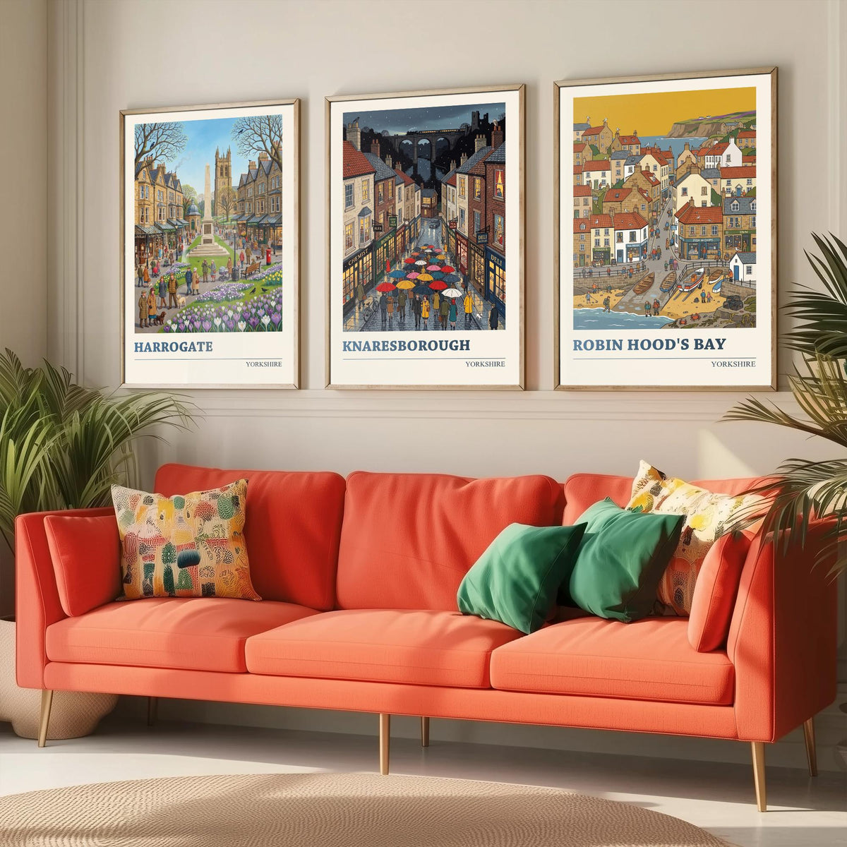 Yorkshire Set of Three Art Prints - Harrogate, Knaresborough, Robin Hood's Bay - 3 Folk Illustration Travel Posters - Yorkshire Painting