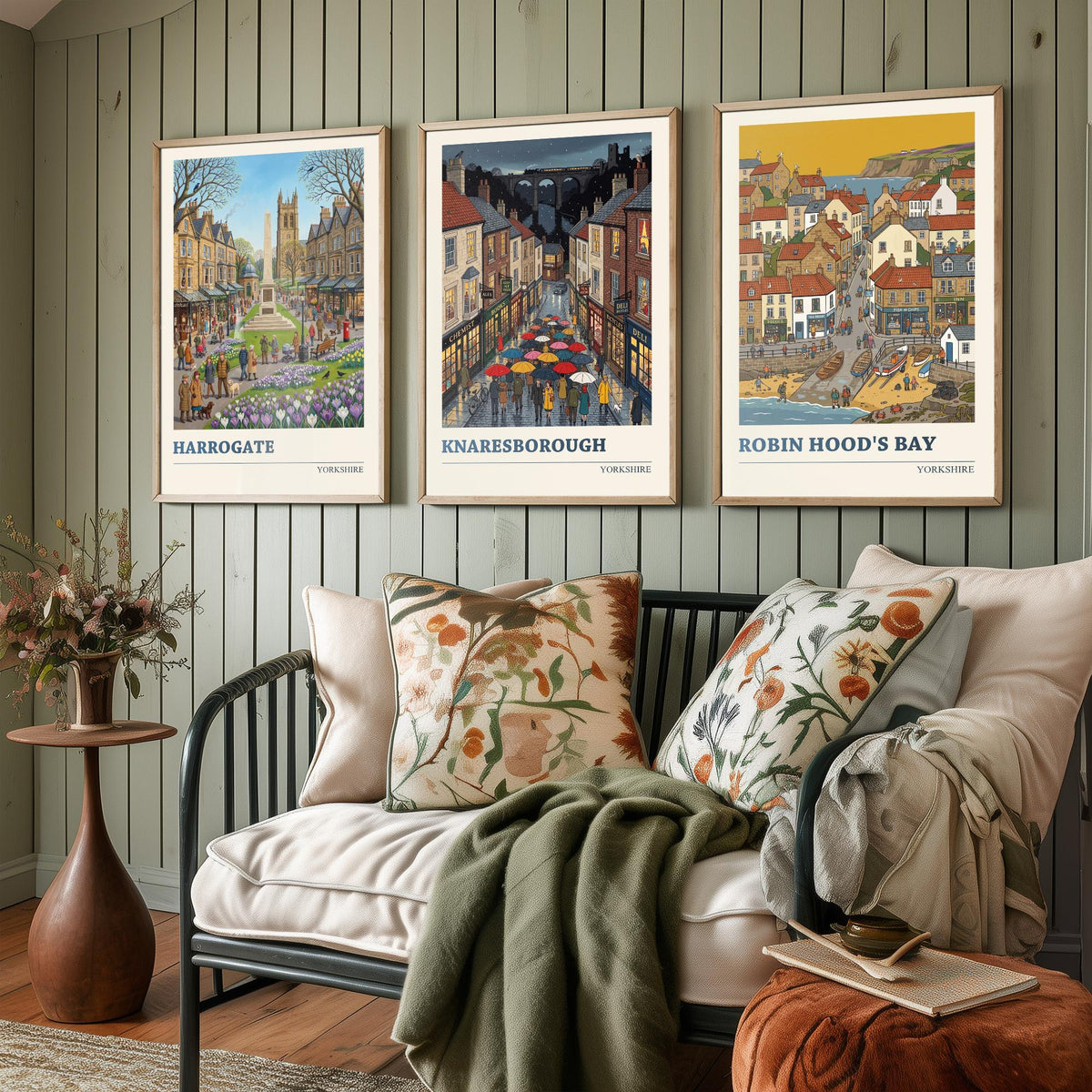 Yorkshire Set of Three Art Prints - Harrogate, Knaresborough, Robin Hood's Bay - 3 Folk Illustration Travel Posters - Yorkshire Painting