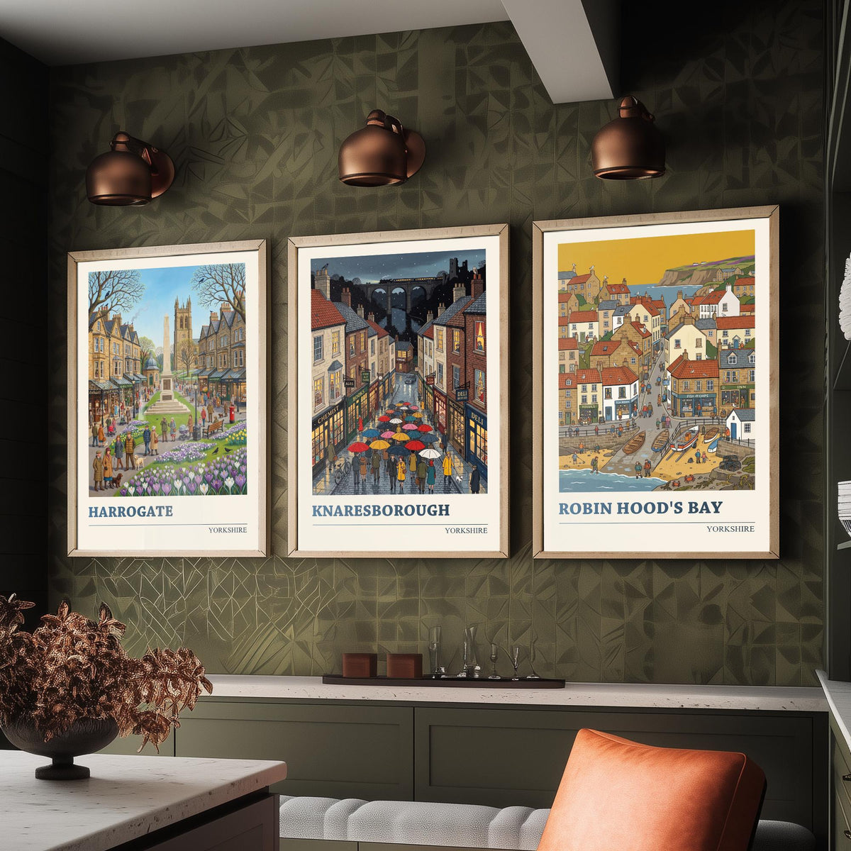 Yorkshire Set of Three Art Prints - Harrogate, Knaresborough, Robin Hood's Bay - 3 Folk Illustration Travel Posters - Yorkshire Painting