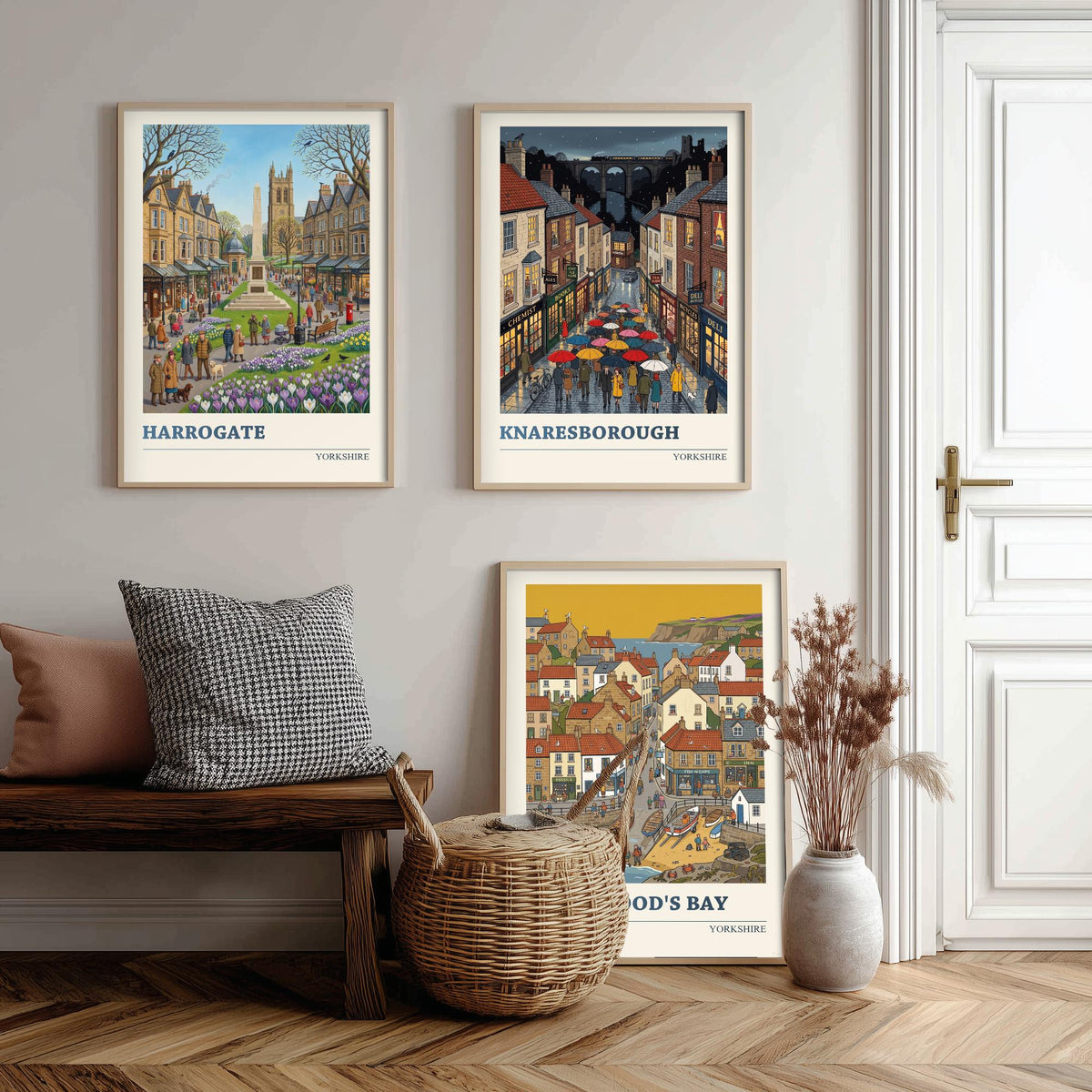 Yorkshire Set of Three Art Prints - Harrogate, Knaresborough, Robin Hood's Bay - 3 Folk Illustration Travel Posters - Yorkshire Painting