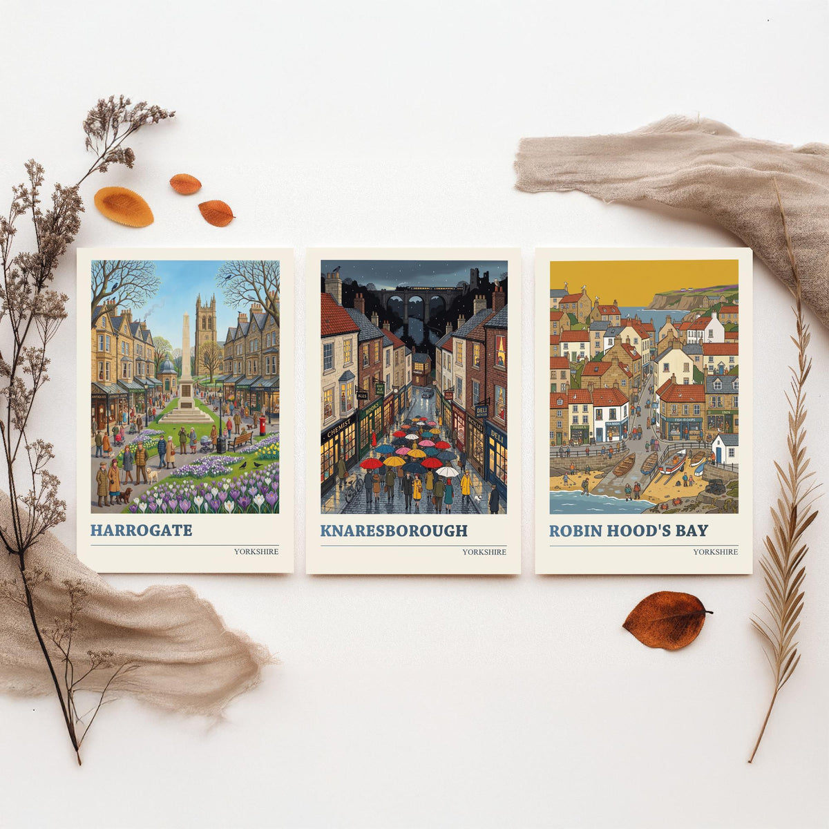 Yorkshire Set of Three Art Prints - Harrogate, Knaresborough, Robin Hood's Bay - 3 Folk Illustration Travel Posters - Yorkshire Painting