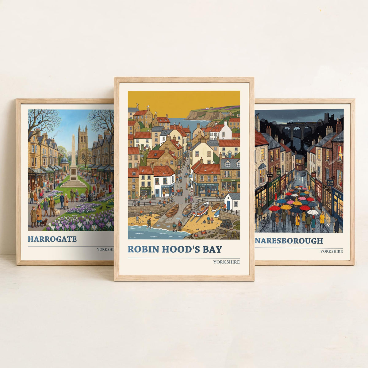 Yorkshire Set of Three Art Prints - Harrogate, Knaresborough, Robin Hood's Bay - 3 Folk Illustration Travel Posters - Yorkshire Painting
