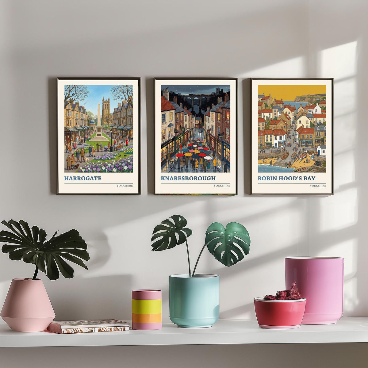Yorkshire Set of Three Art Prints - Harrogate, Knaresborough, Robin Hood's Bay - 3 Folk Illustration Travel Posters - Yorkshire Painting