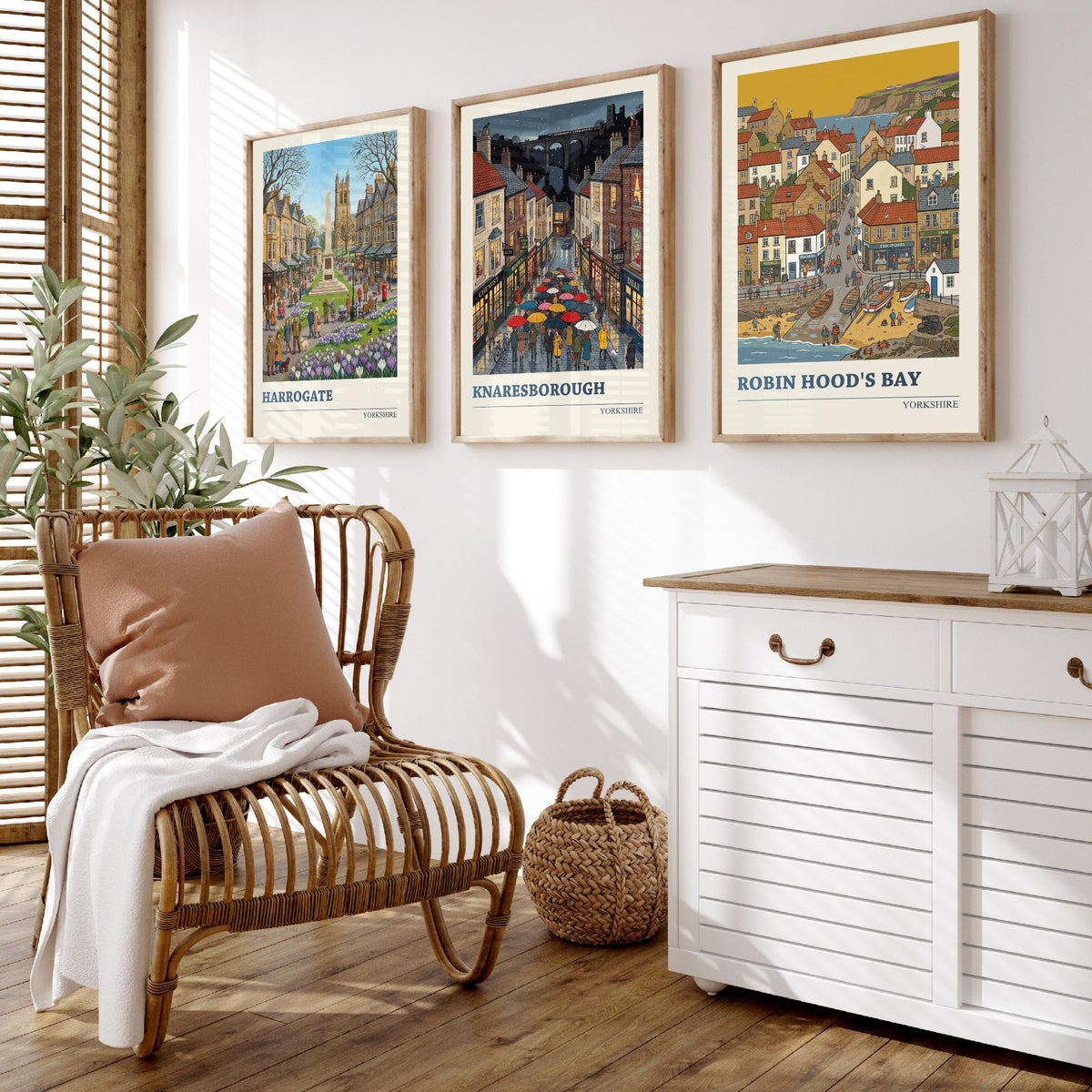 Yorkshire Set of Three Art Prints - Harrogate, Knaresborough, Robin Hood's Bay - 3 Folk Illustration Travel Posters - Yorkshire Painting