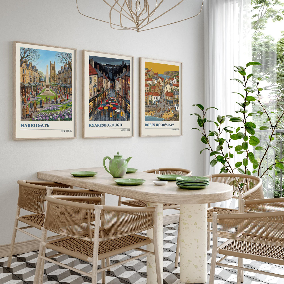 Yorkshire Set of Three Art Prints - Harrogate, Knaresborough, Robin Hood's Bay - 3 Folk Illustration Travel Posters - Yorkshire Painting