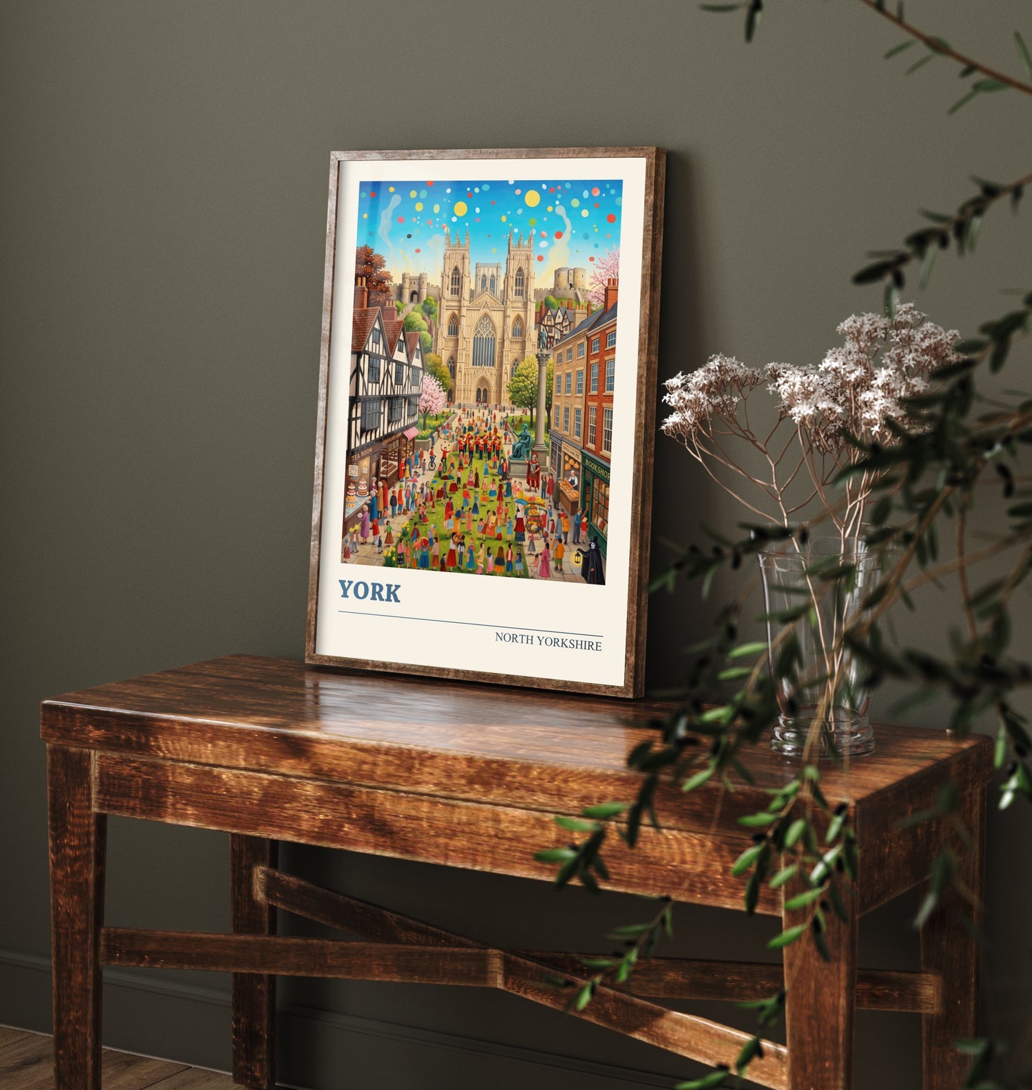 York Travel Poster - York Minster Art Print - Folk Art Illustration - North Yorkshire England City Festival Scene 1/3