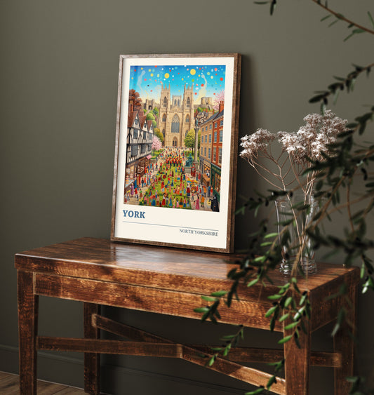 York Travel Poster - York Minster Art Print - Folk Art Illustration - North Yorkshire England City Festival Scene 1/3