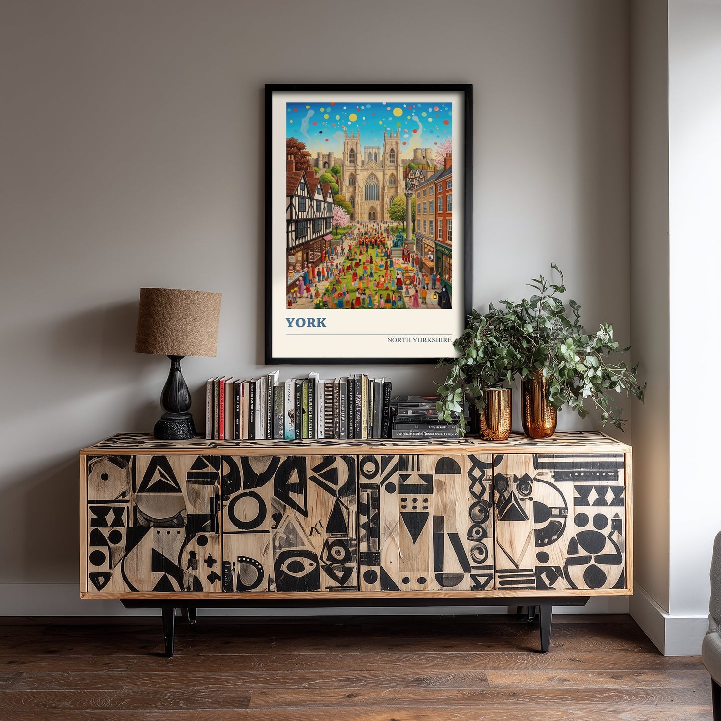 York Travel Poster - York Minster Art Print - Folk Art Illustration - North Yorkshire England City Festival Scene 1/3