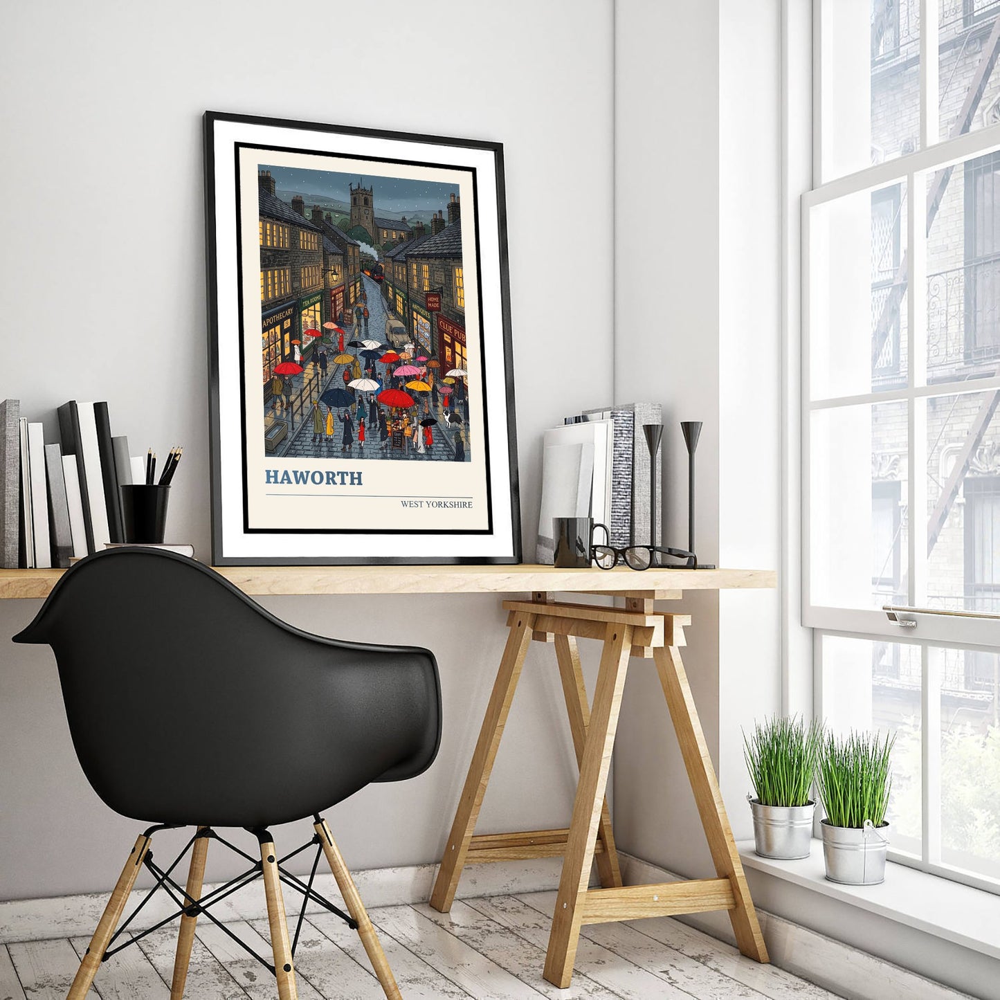 Haworth Travel Poster - Bronte Country Art Print - Folk Art Illustration - West Yorkshire Rainy Village Main Street 2/3