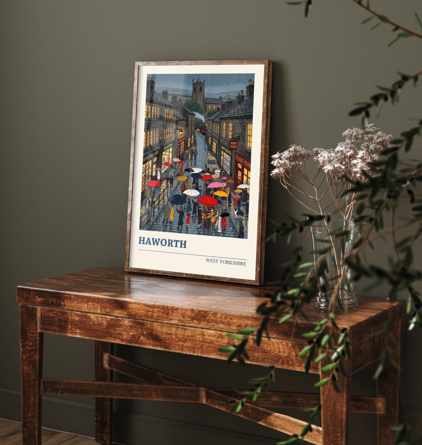 Haworth Travel Poster - Bronte Country Art Print - Folk Art Illustration - West Yorkshire Rainy Village Main Street 2/3