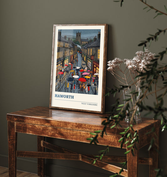 Haworth Travel Poster - Bronte Country Art Print - Folk Art Illustration - West Yorkshire Rainy Village Main Street 2/3