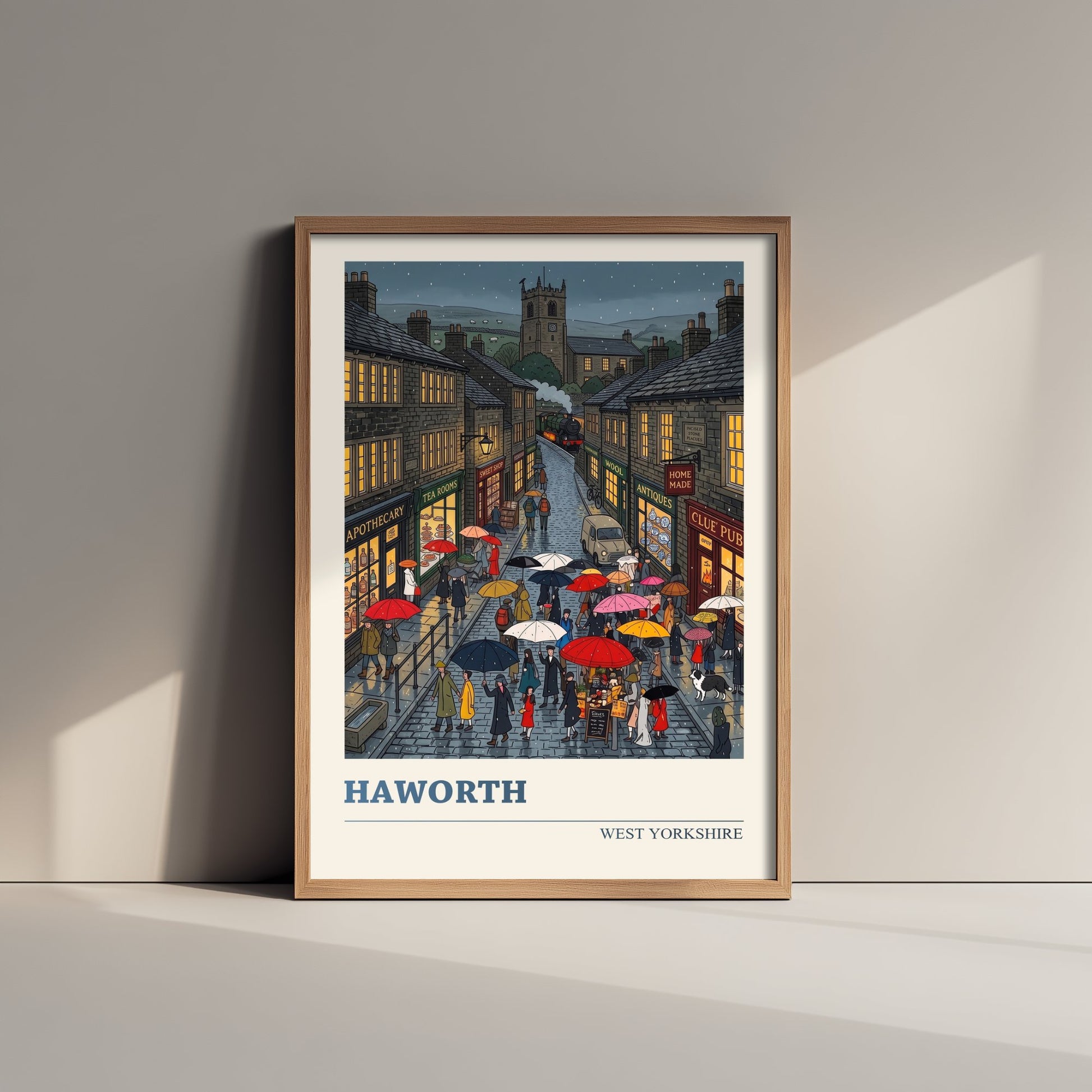 Haworth Travel Poster - Bronte Country Art Print - Folk Art Illustration - West Yorkshire Rainy Village Main Street 2/3