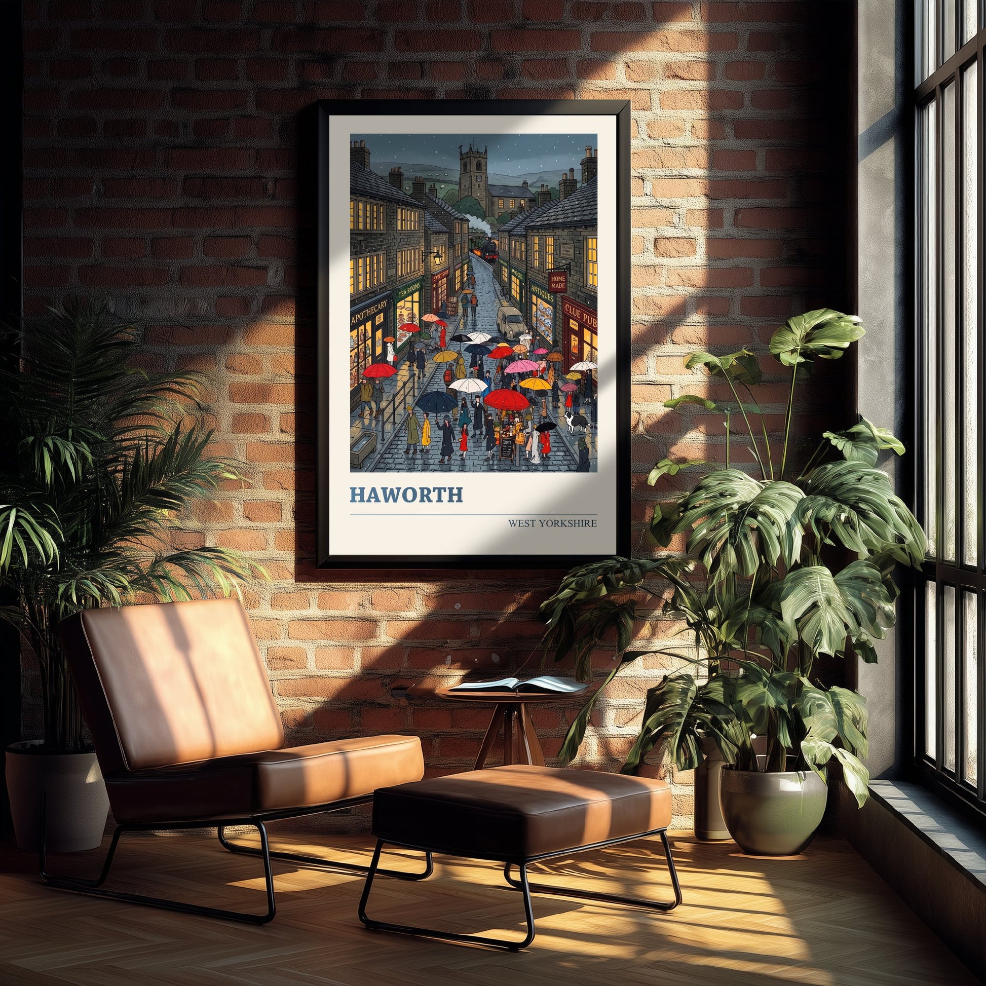 Haworth Travel Poster - Bronte Country Art Print - Folk Art Illustration - West Yorkshire Rainy Village Main Street 2/3